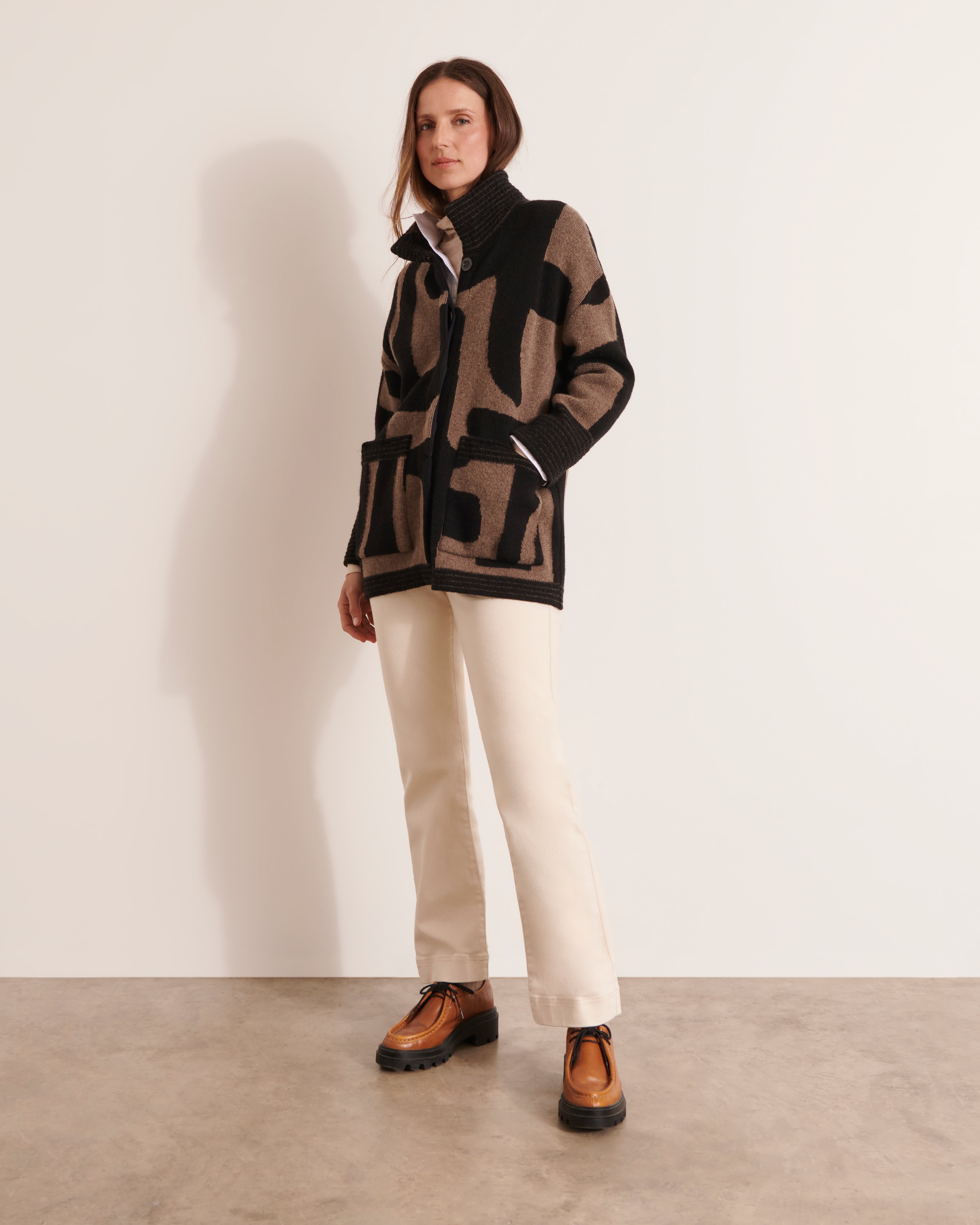 Manteau maille bouclette col tailleur, noir