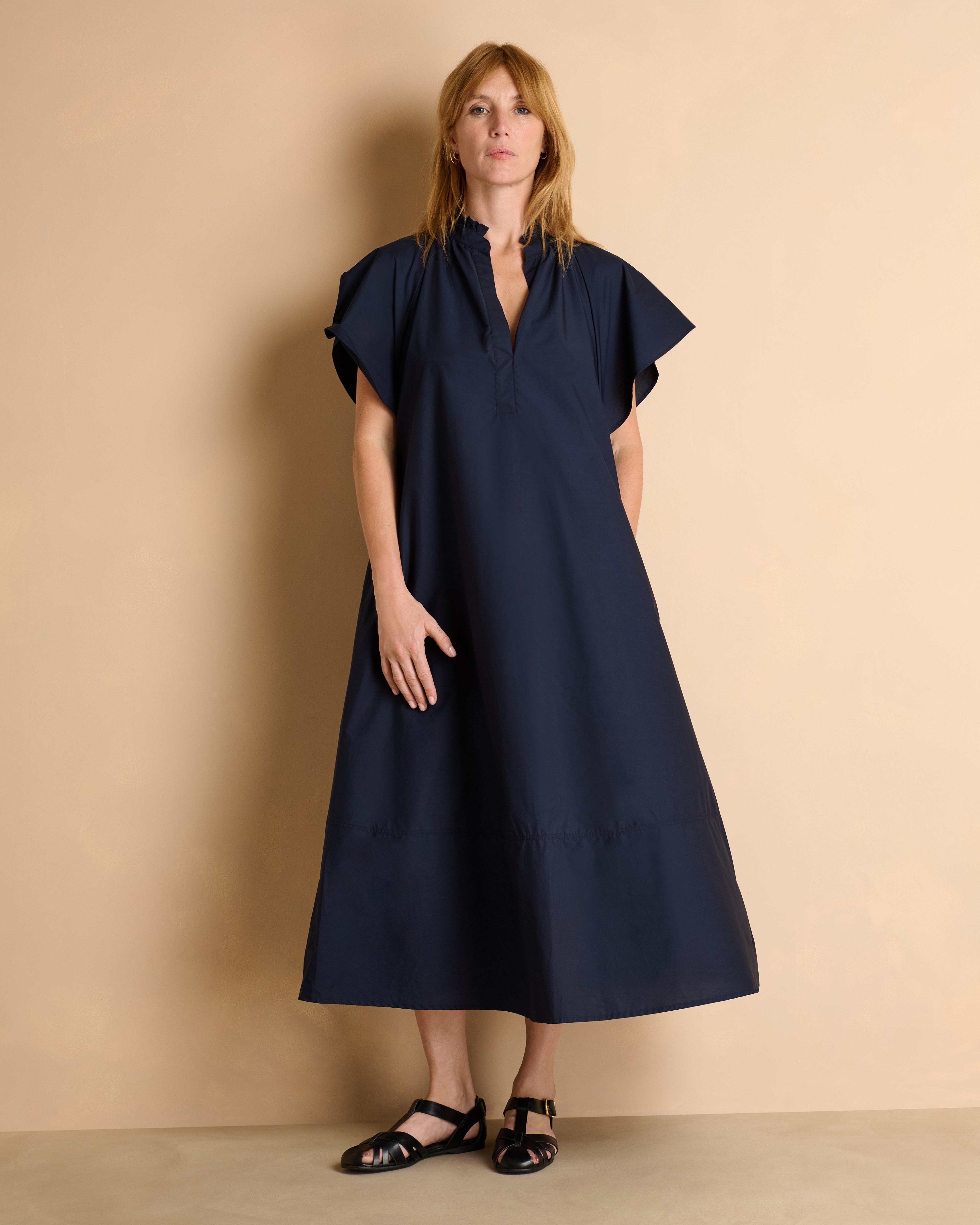 poplin maxi dress Navy blue with butterfly sleeves – Devernois Abstract Print Dress Floral chiffon dress - Size:18 1/2 34/35
