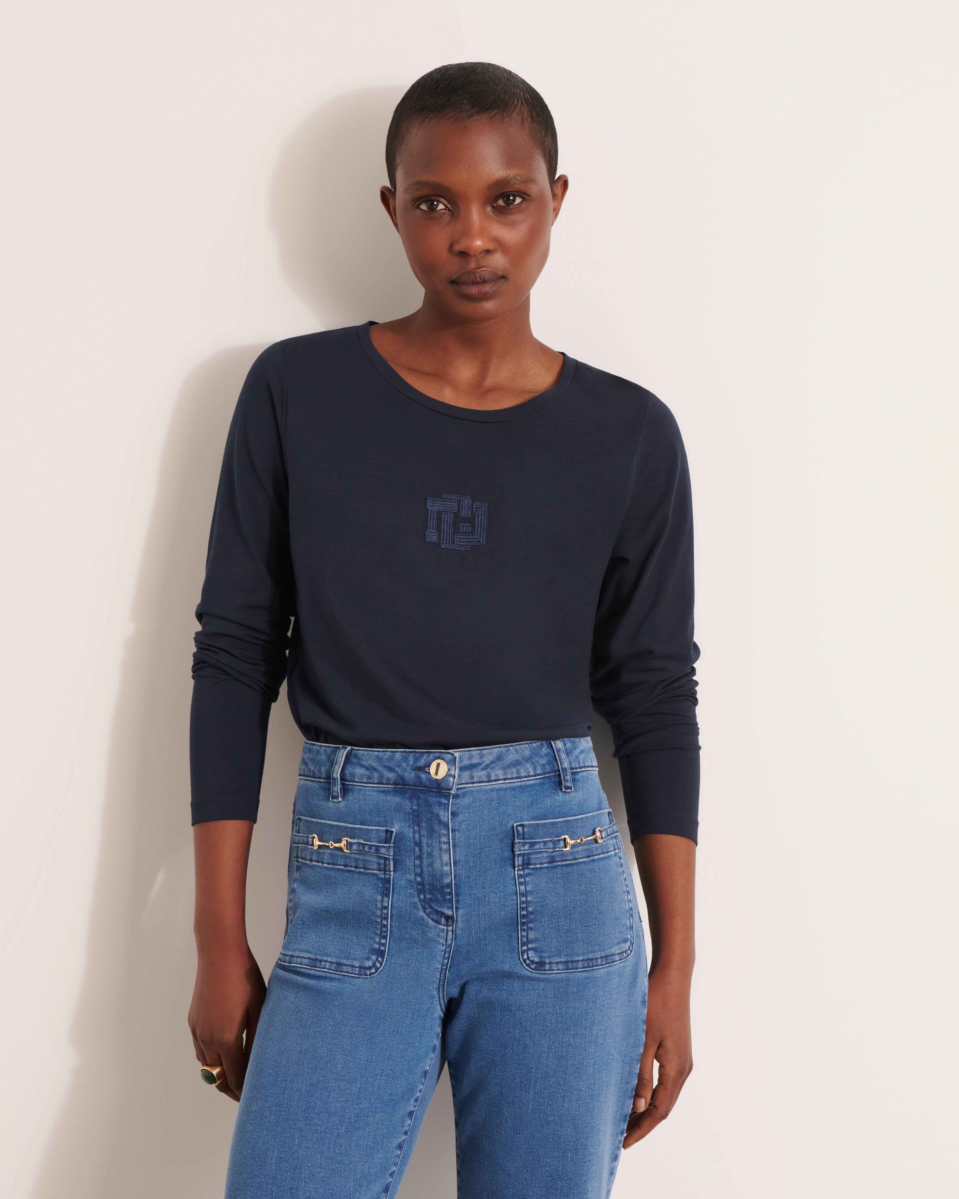 tee-shirt bleu marine manches longues en coton et modal stretch