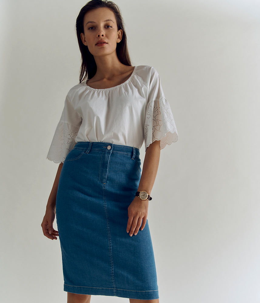 Jupe Jean Van Der Rich - Taille élastique - Longueur Genou - 4 Poches - Style Décontracté
