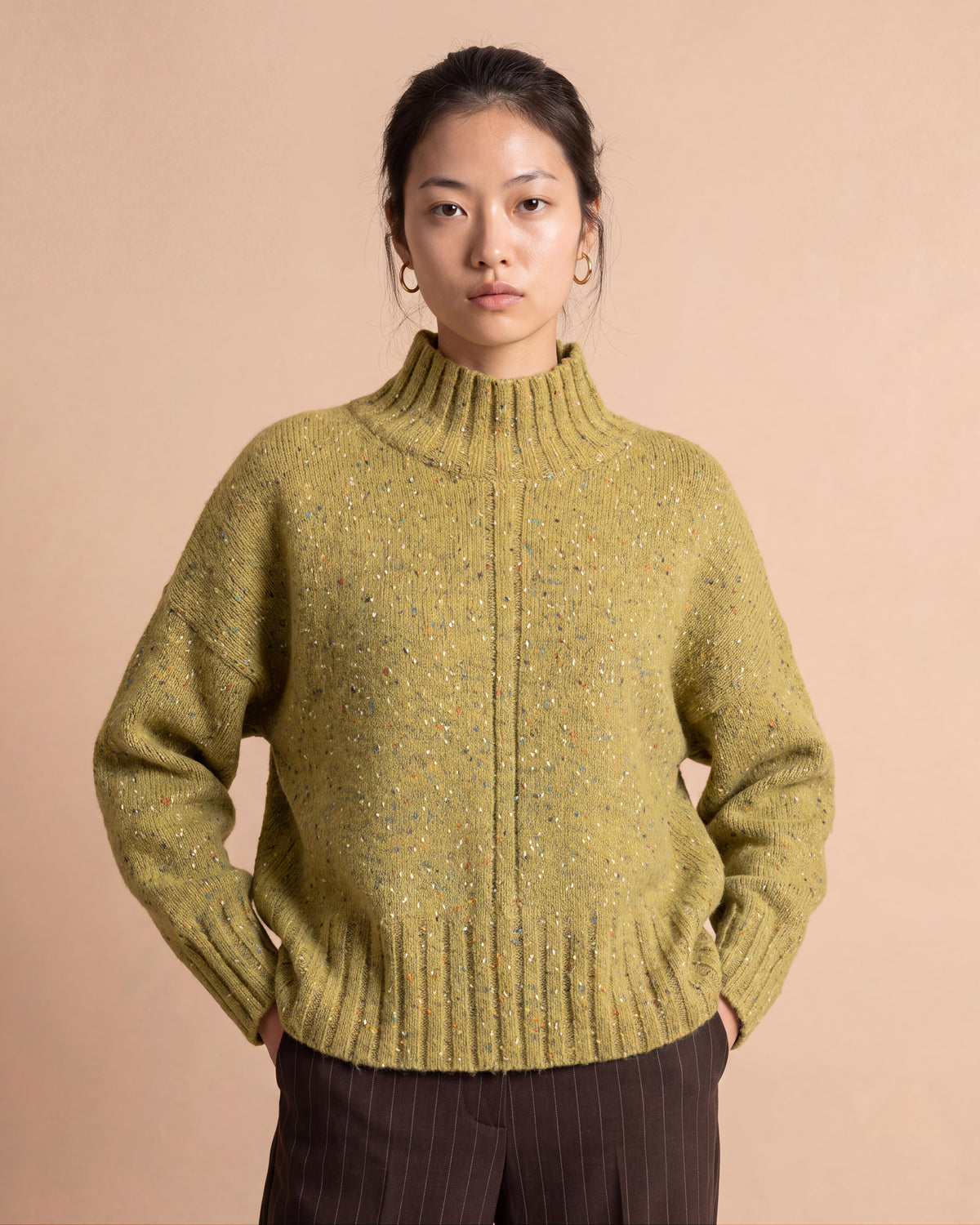 Pull jaune chiné en laine et alpaga col montant ABIME14/14141/841