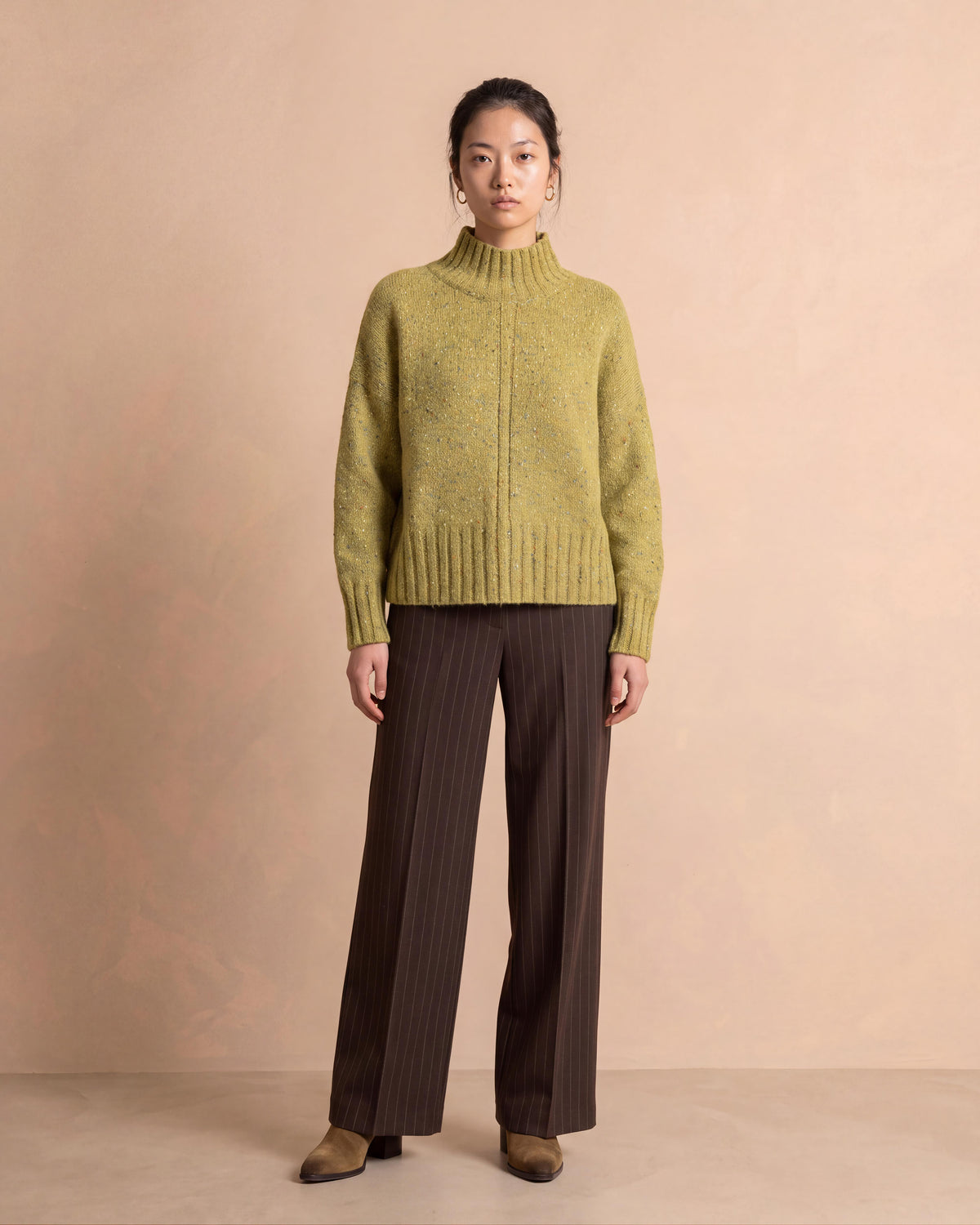 Pull jaune chiné en laine et alpaga col montant ABIME14/14141/841