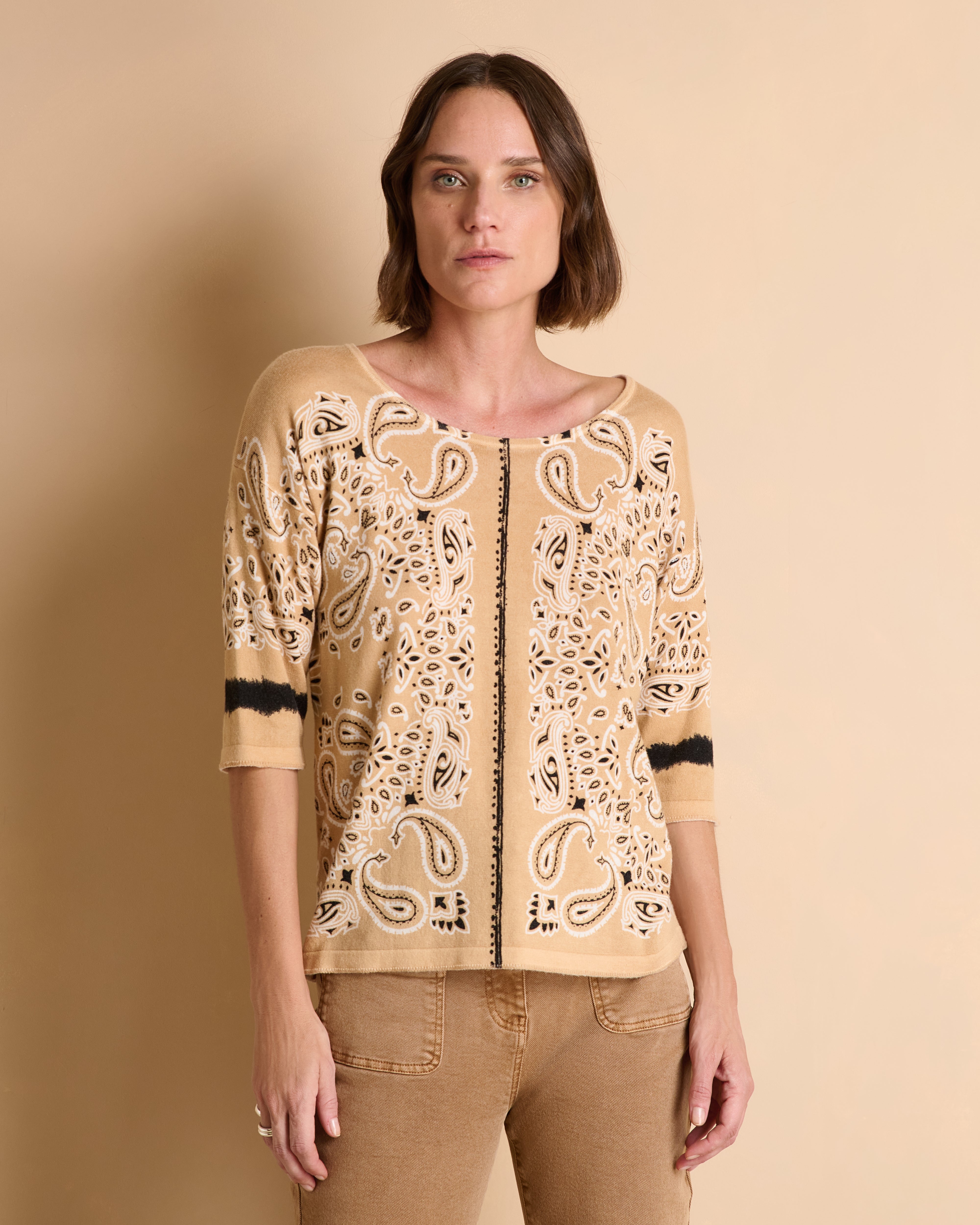 Pull marron clair imprimé manches courtes encolure ronde ACADAMIA/14224/791