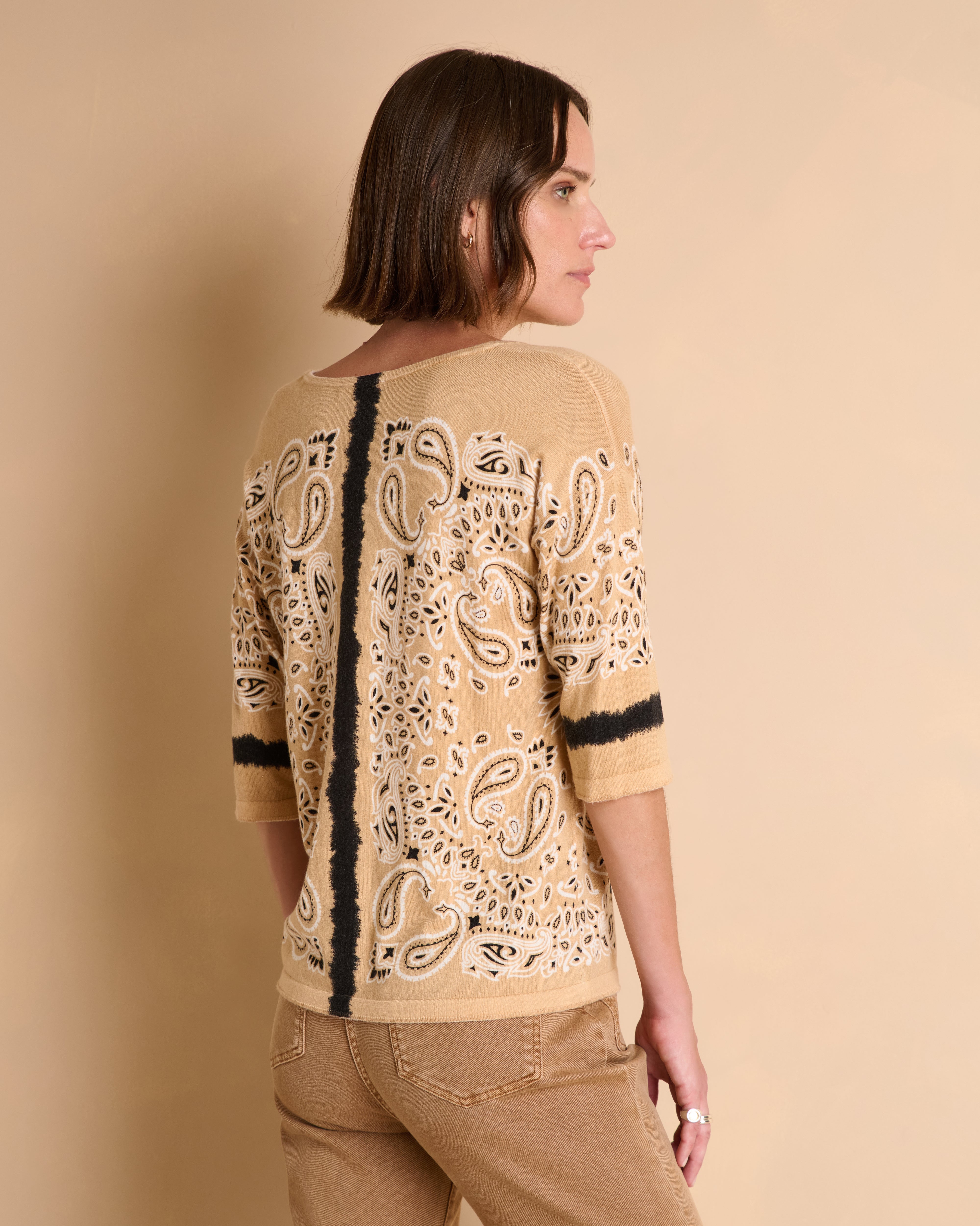 Pull marron clair imprimé manches courtes encolure ronde ACADAMIA/14224/791
