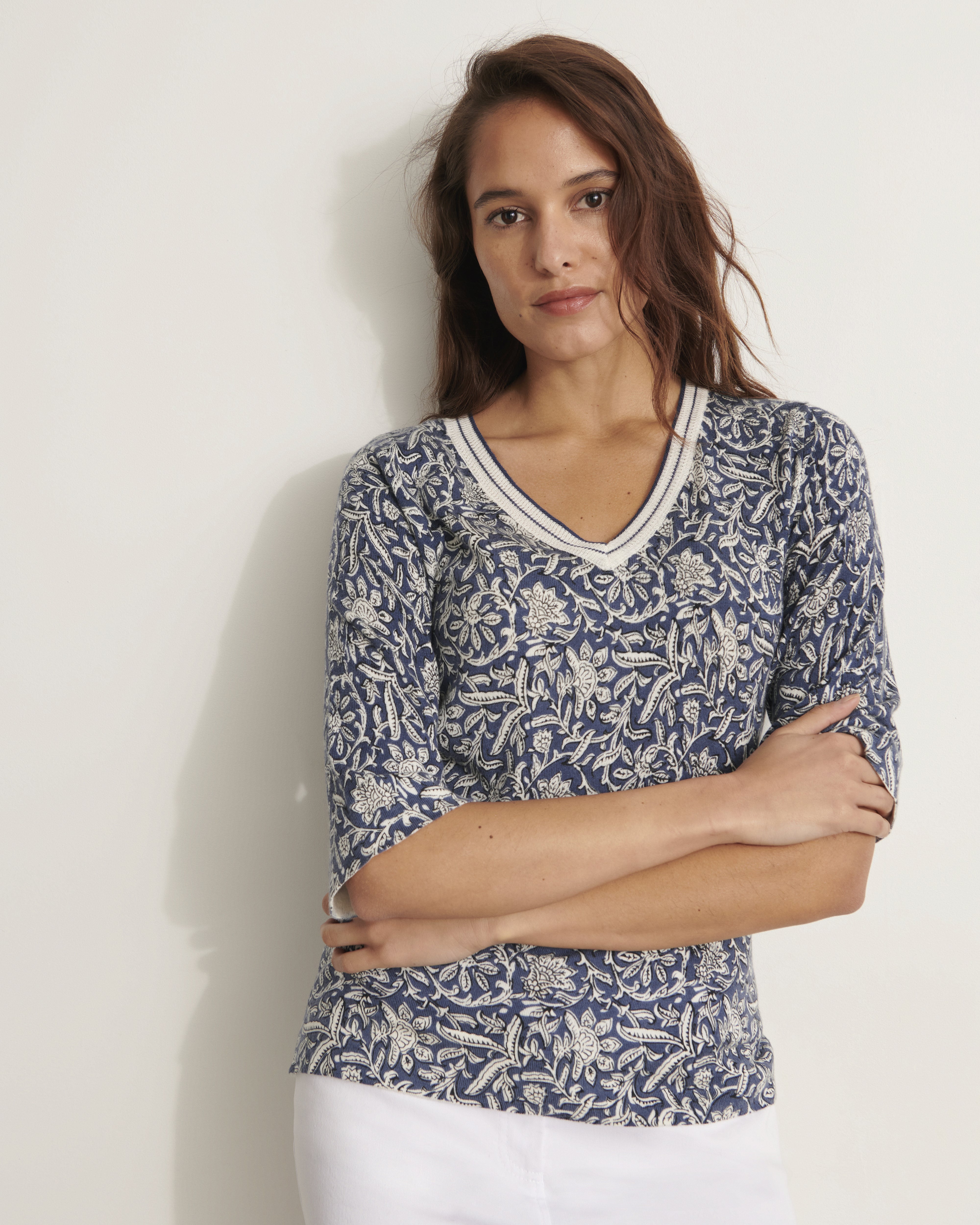 pull en maille imprimé fleuri en viscose et coton