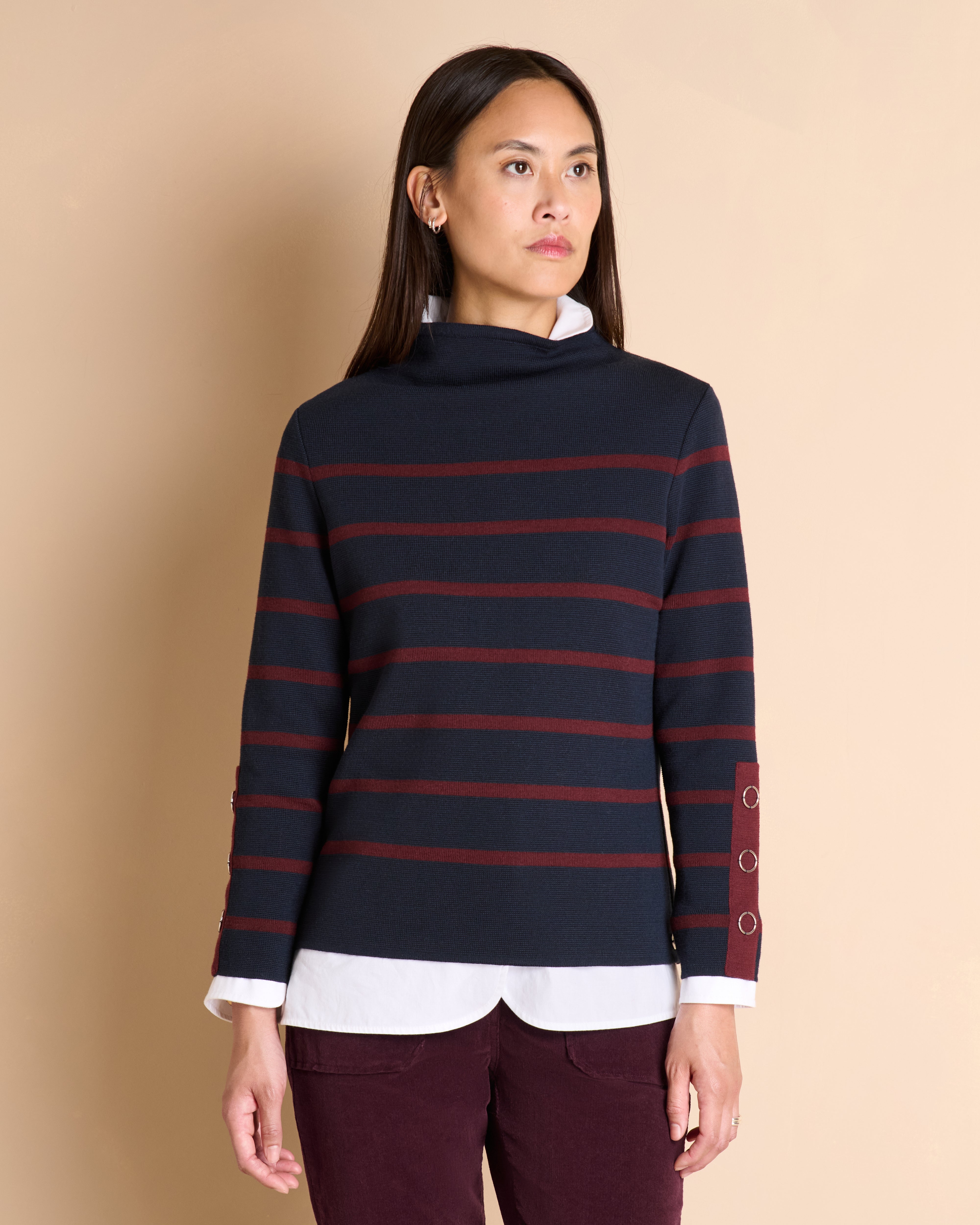 Pull bleu marine à rayures en laine mérinos col montant ACCORDER1927/14137/886