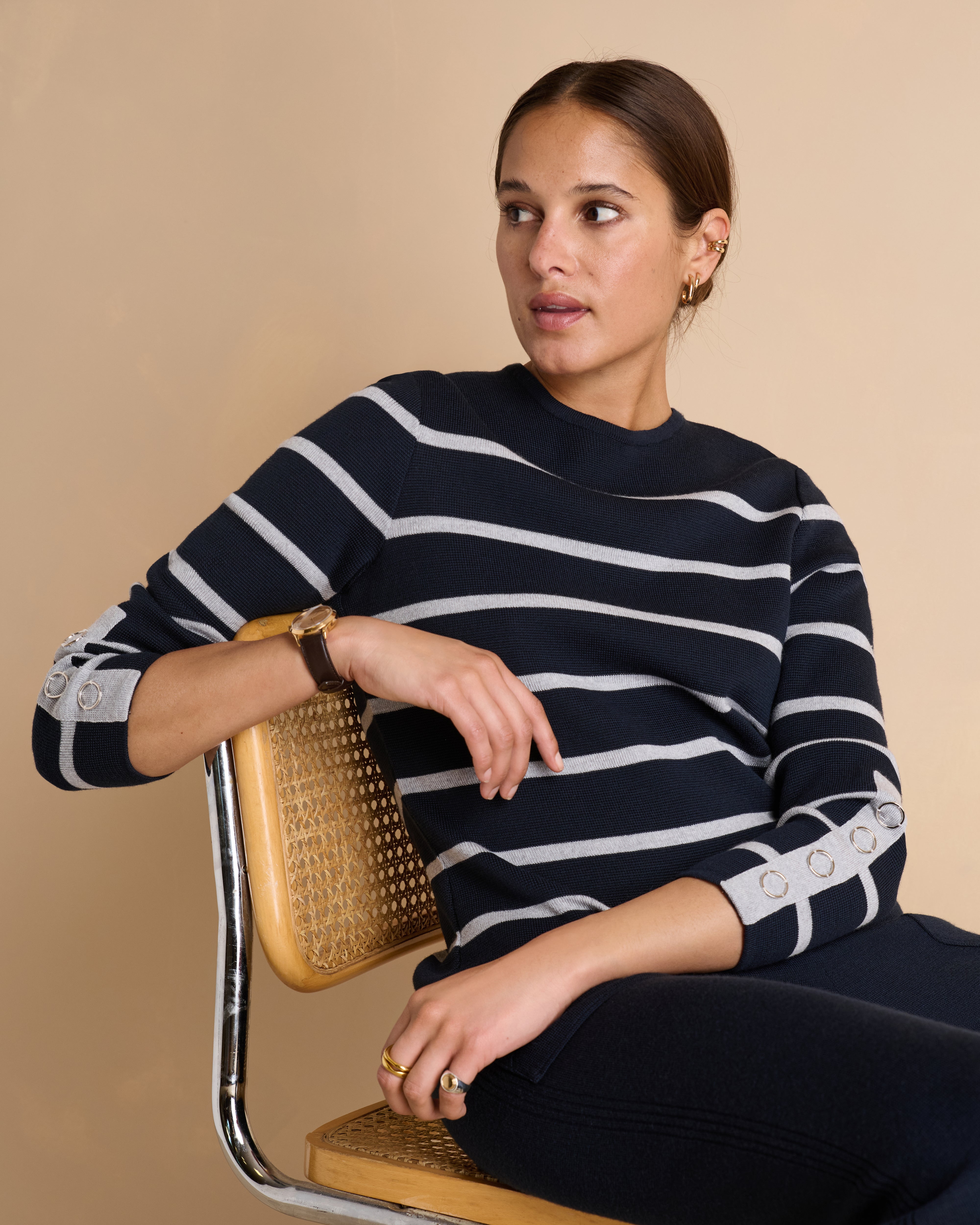 Pull bleu marine à rayures en laine mérinos col rond ACCORDER1927-R/14194/887