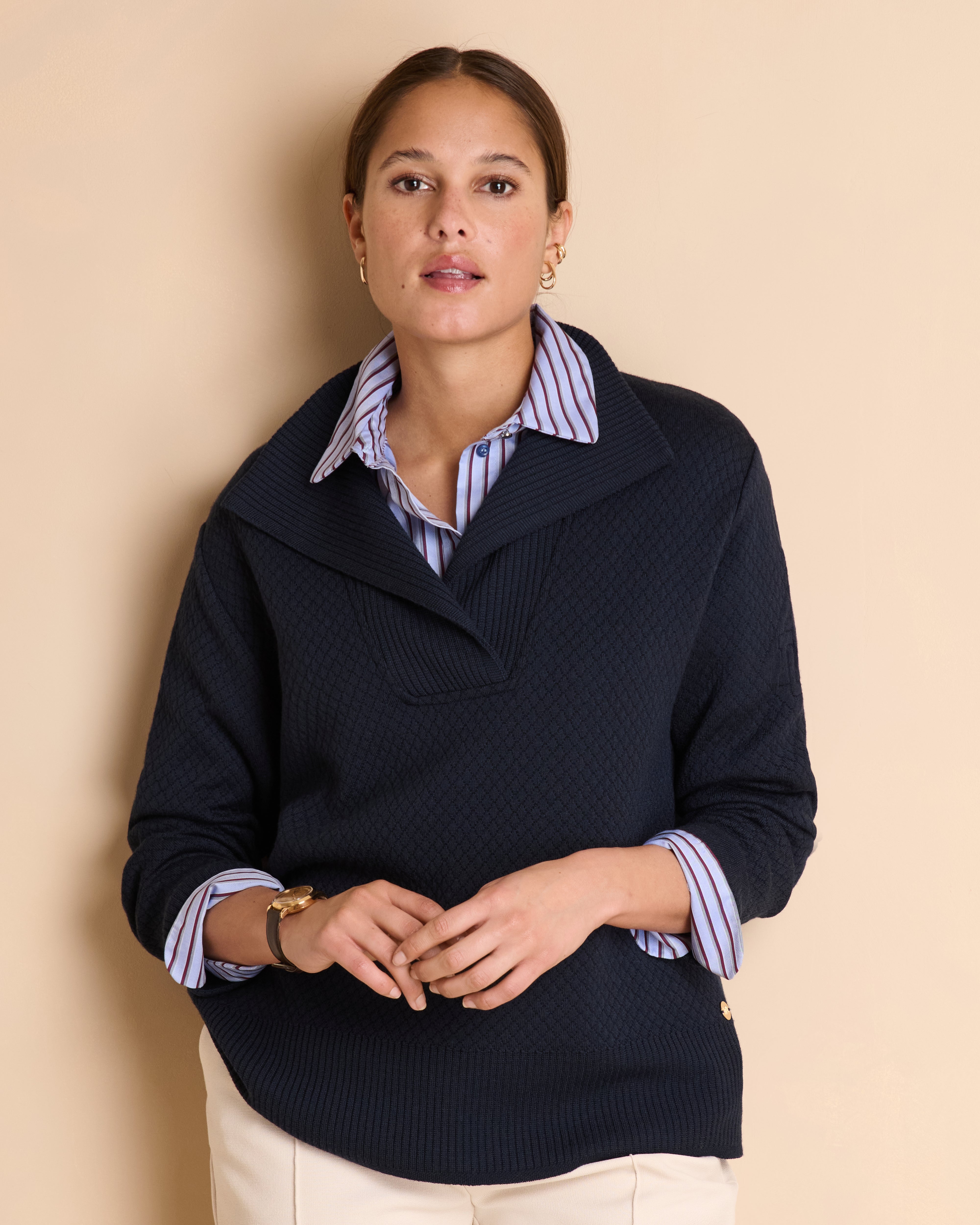 Pull bleu marine en laine mérinos à col camionneur ACHILLE1927/14026/319