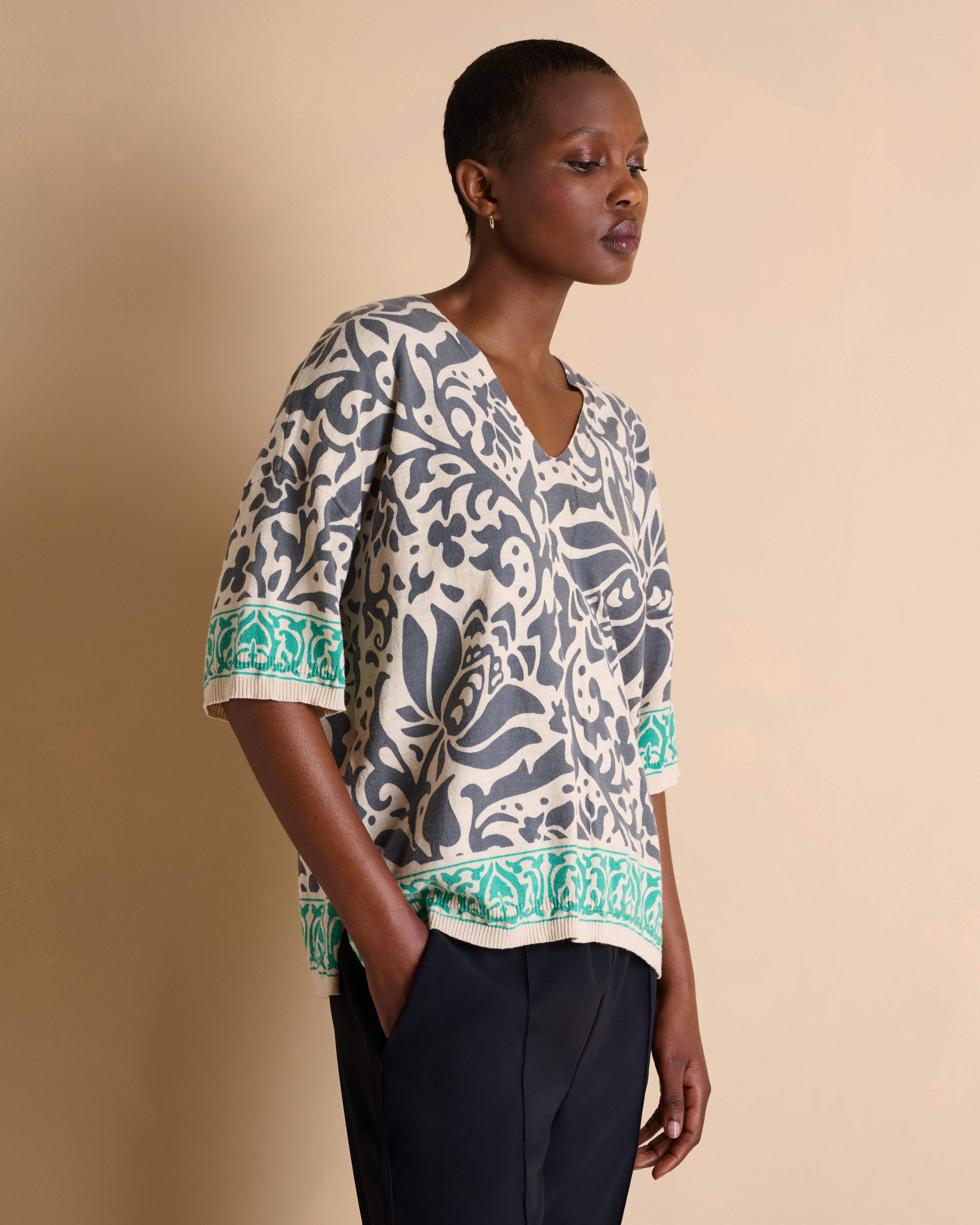 Pull gris imprimé manches courtes en coton