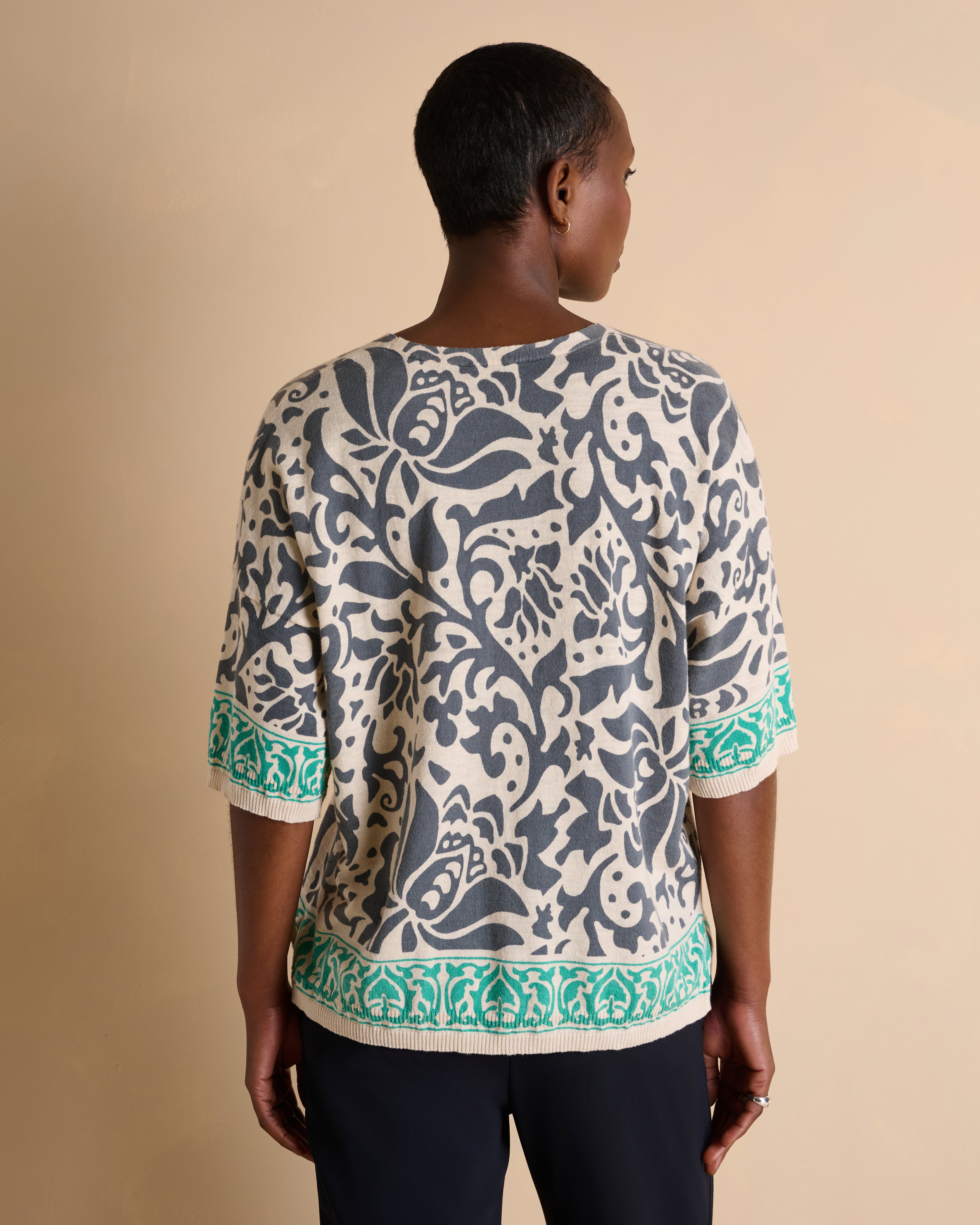 Pull gris imprimé manches courtes en coton