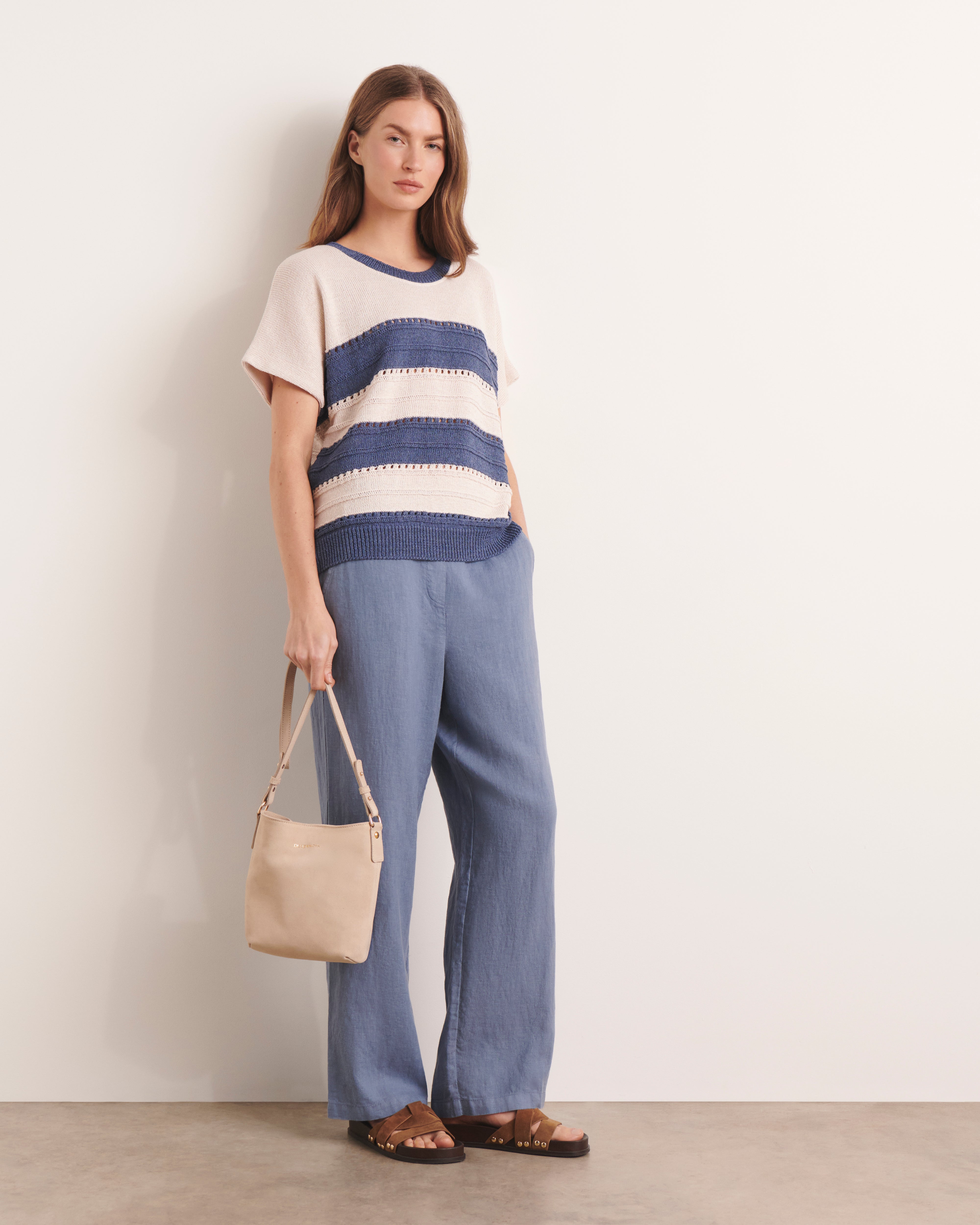 Pull beige et bleu en maille oversize à rayures ADELY/13015/881