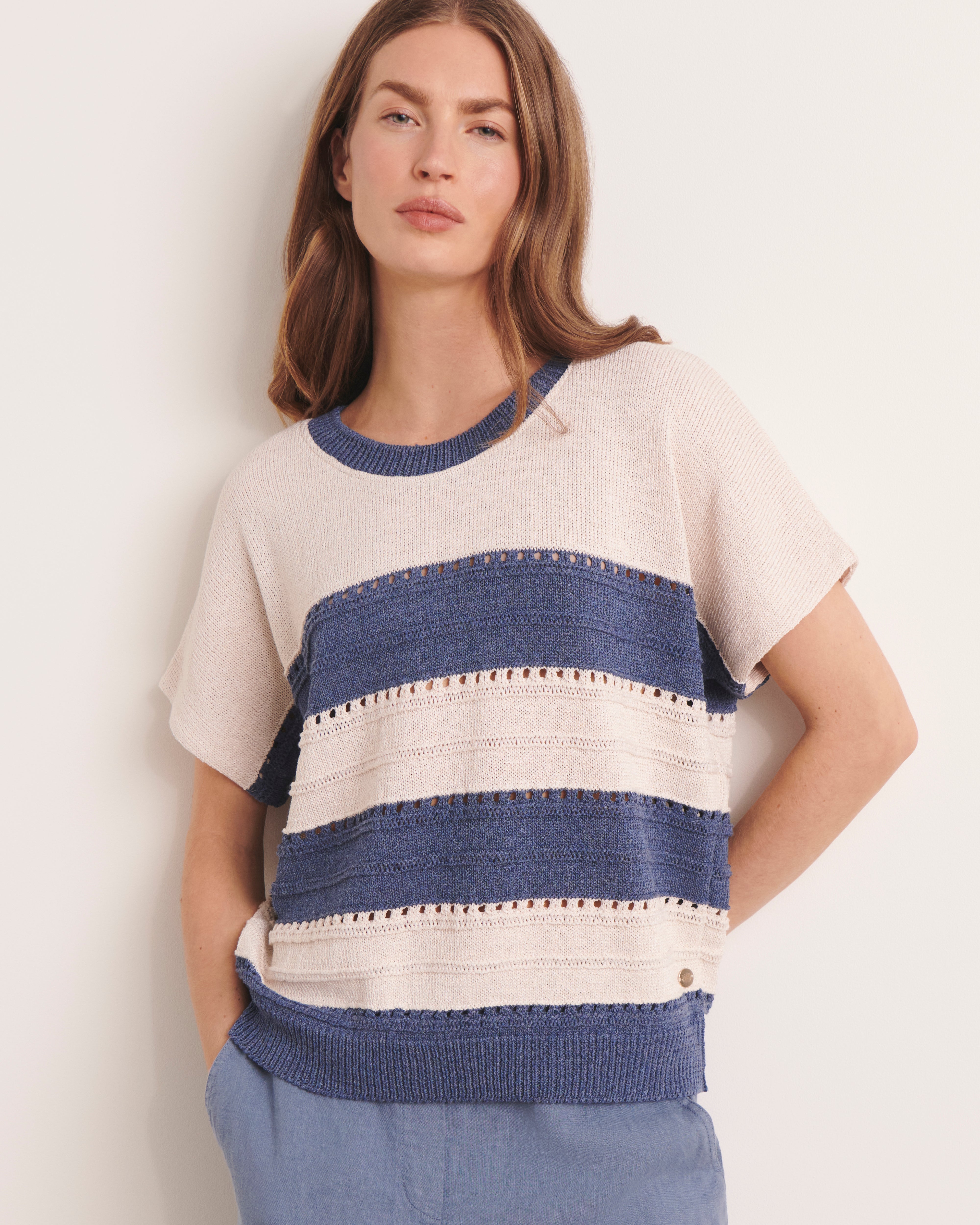 Pull beige et bleu en maille oversize à rayures ADELY/13015/881