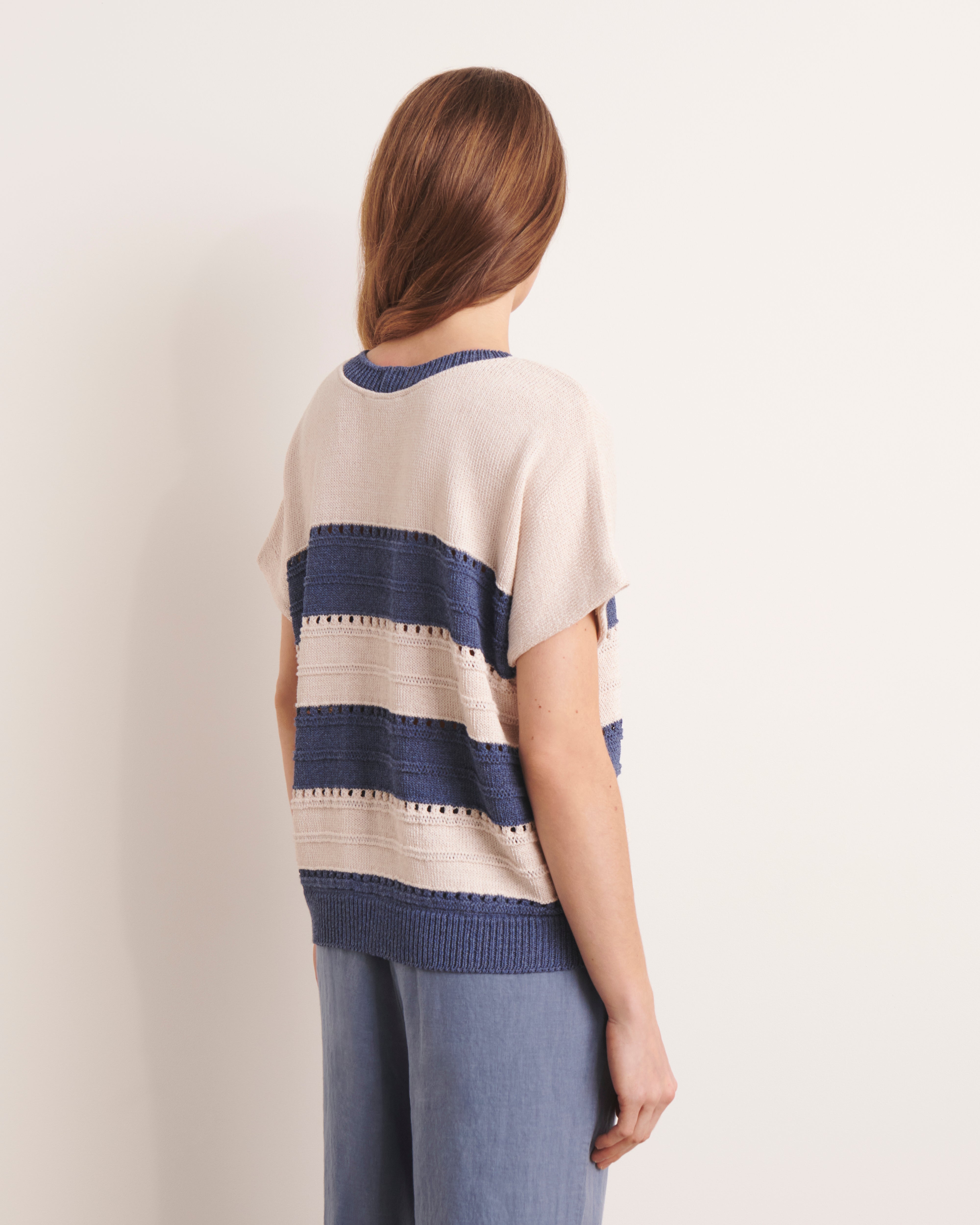 Pull beige et bleu en maille oversize à rayures ADELY/13015/881