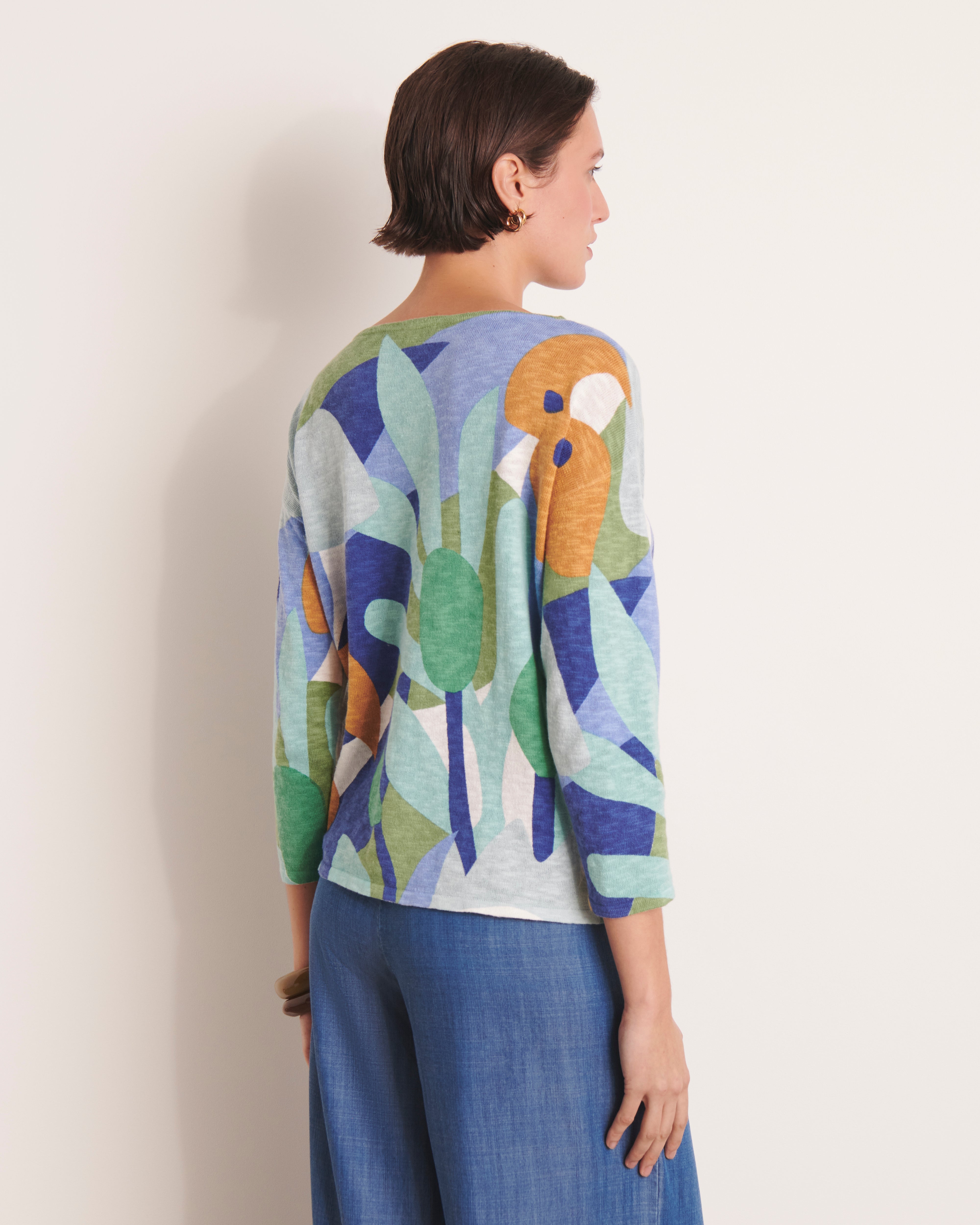 pull imprimé en coton et lin encolure bateau