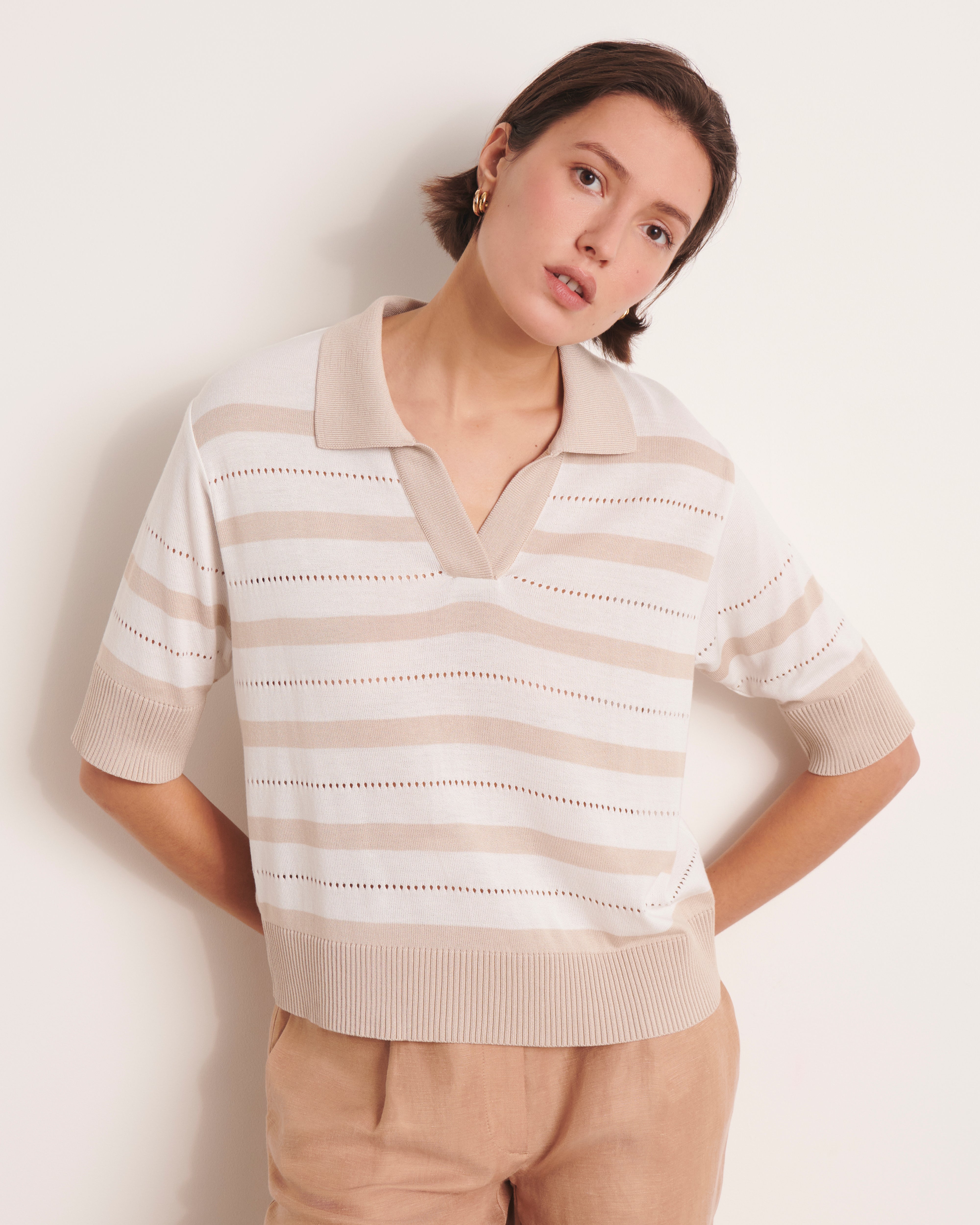 Sweat en maille ajourée blanc à rayure beige ALCHIMIE13/13205/781