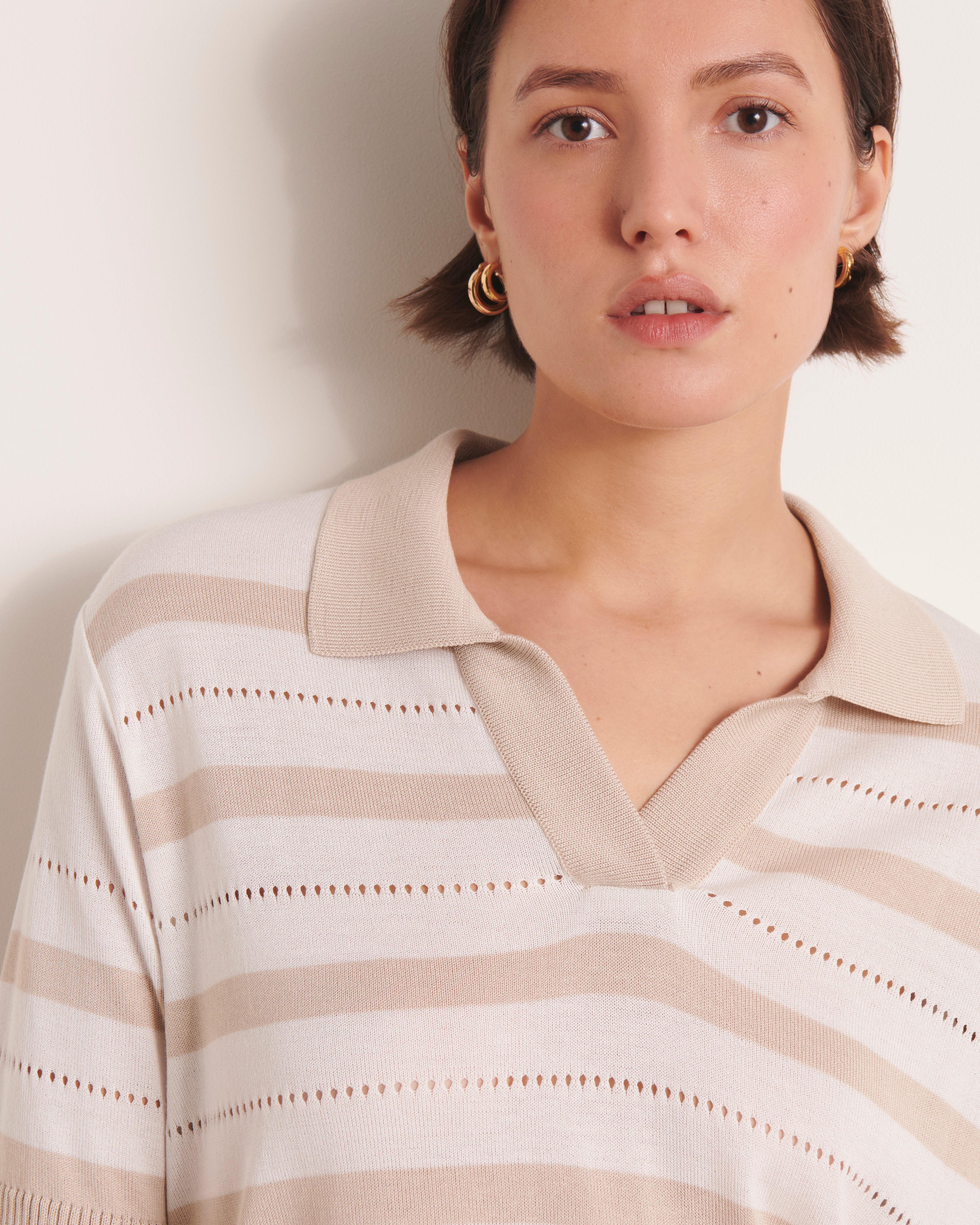 Sweat en maille ajourée blanc à rayure beige ALCHIMIE13/13205/781