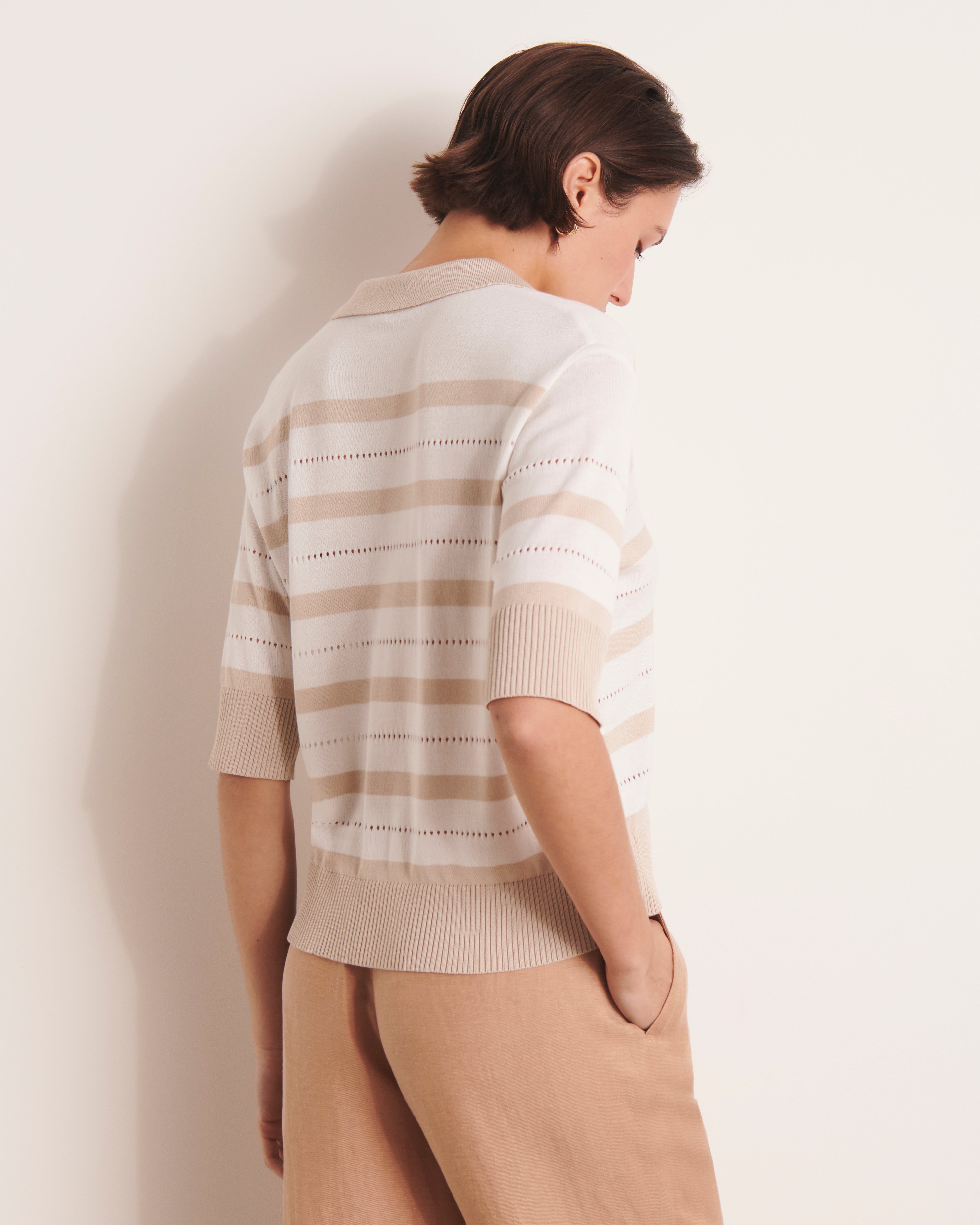 Sweat en maille ajourée blanc à rayure beige ALCHIMIE13/13205/781