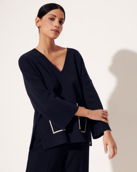 DERNIÈRE CHANCE Pull bleu marine encolure V en maille milano