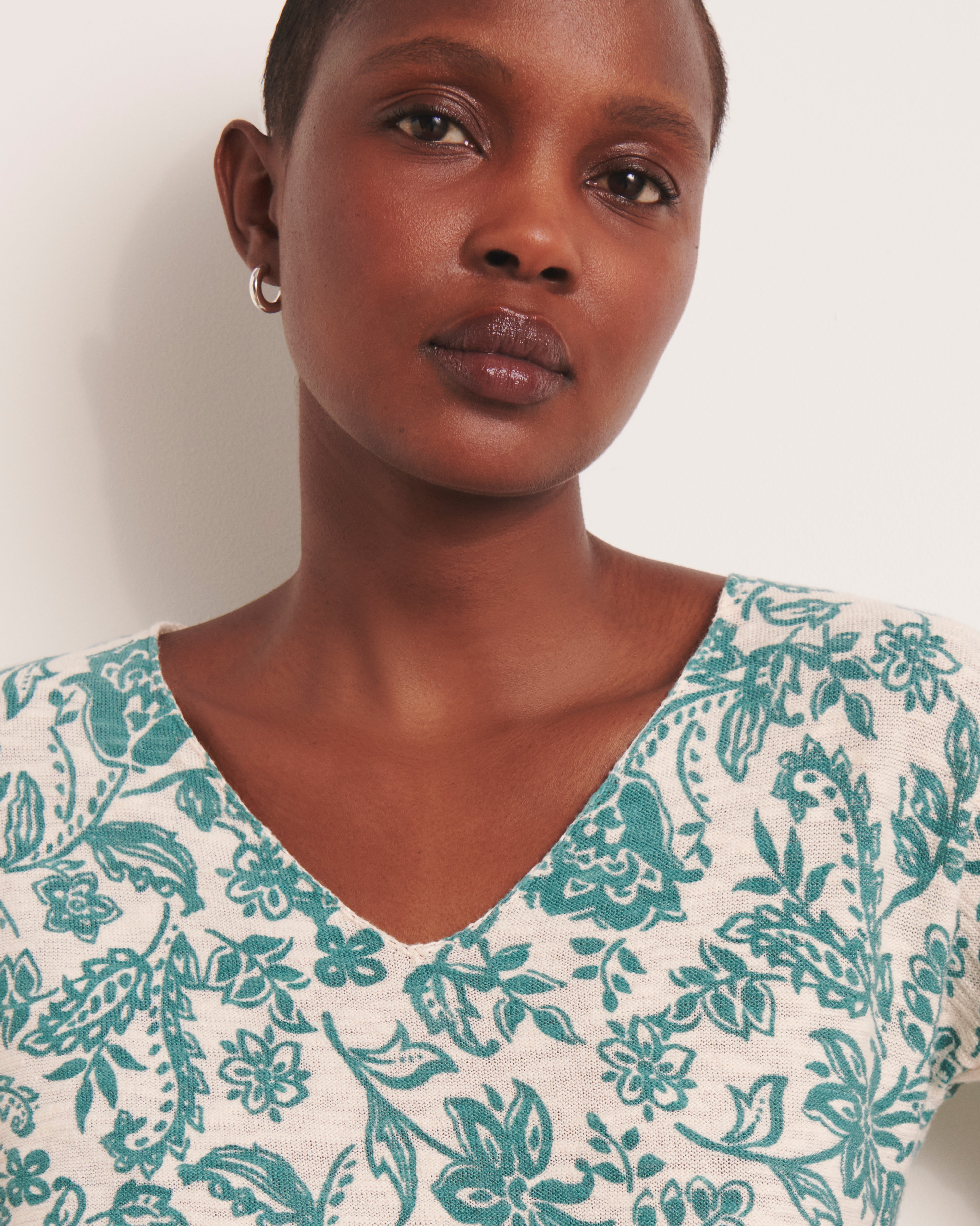 pull imprimé en coton lin encolure V