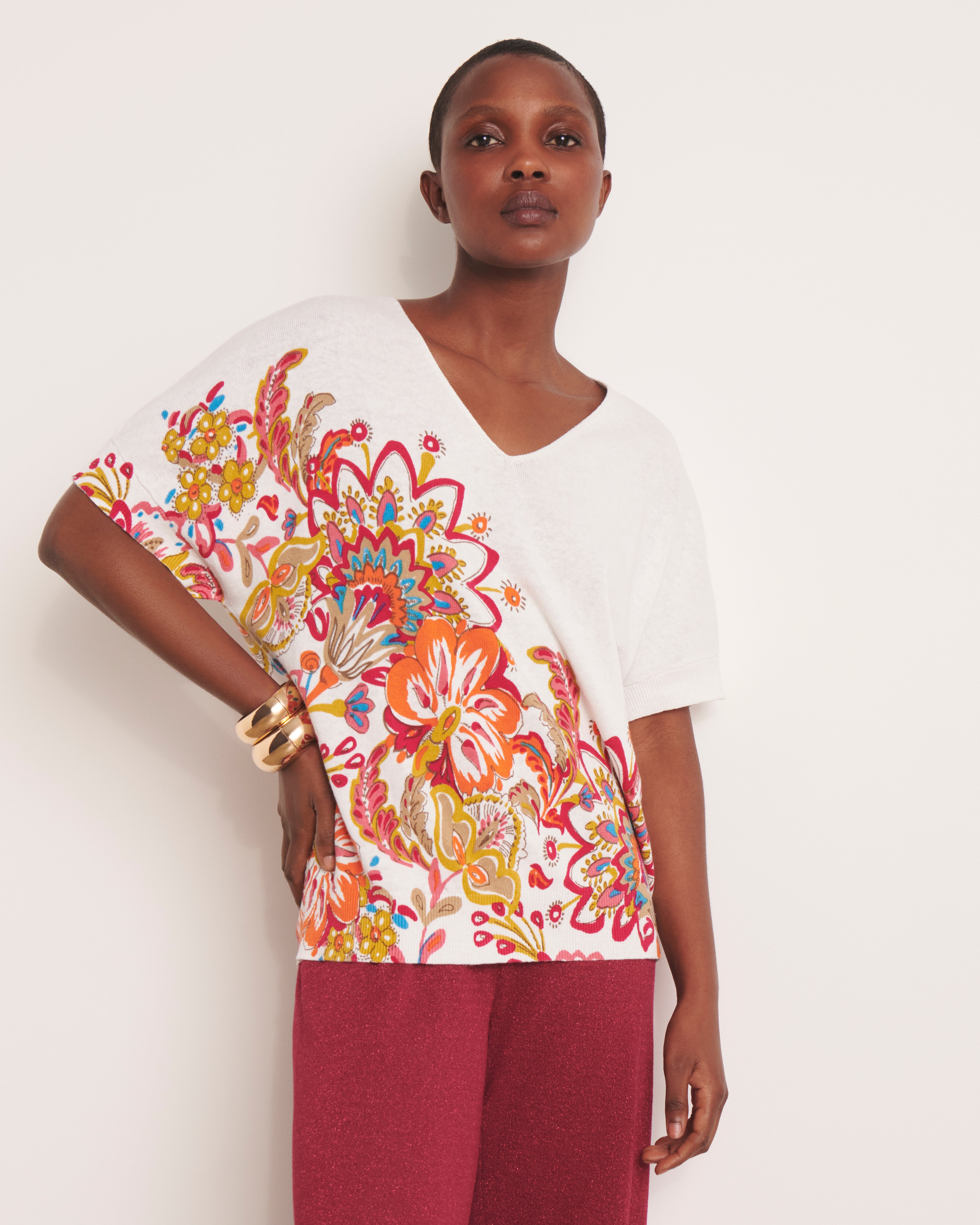 Pull kimono blanc en maille imprimée ALISCAS/13232/773