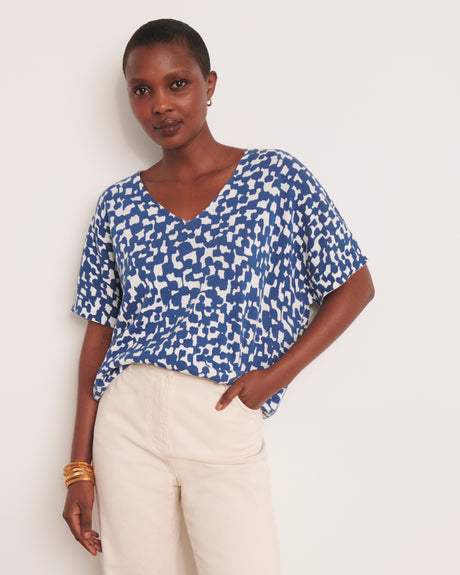 DERNIÈRE CHANCE Pull kimono bleu en maille imprimée