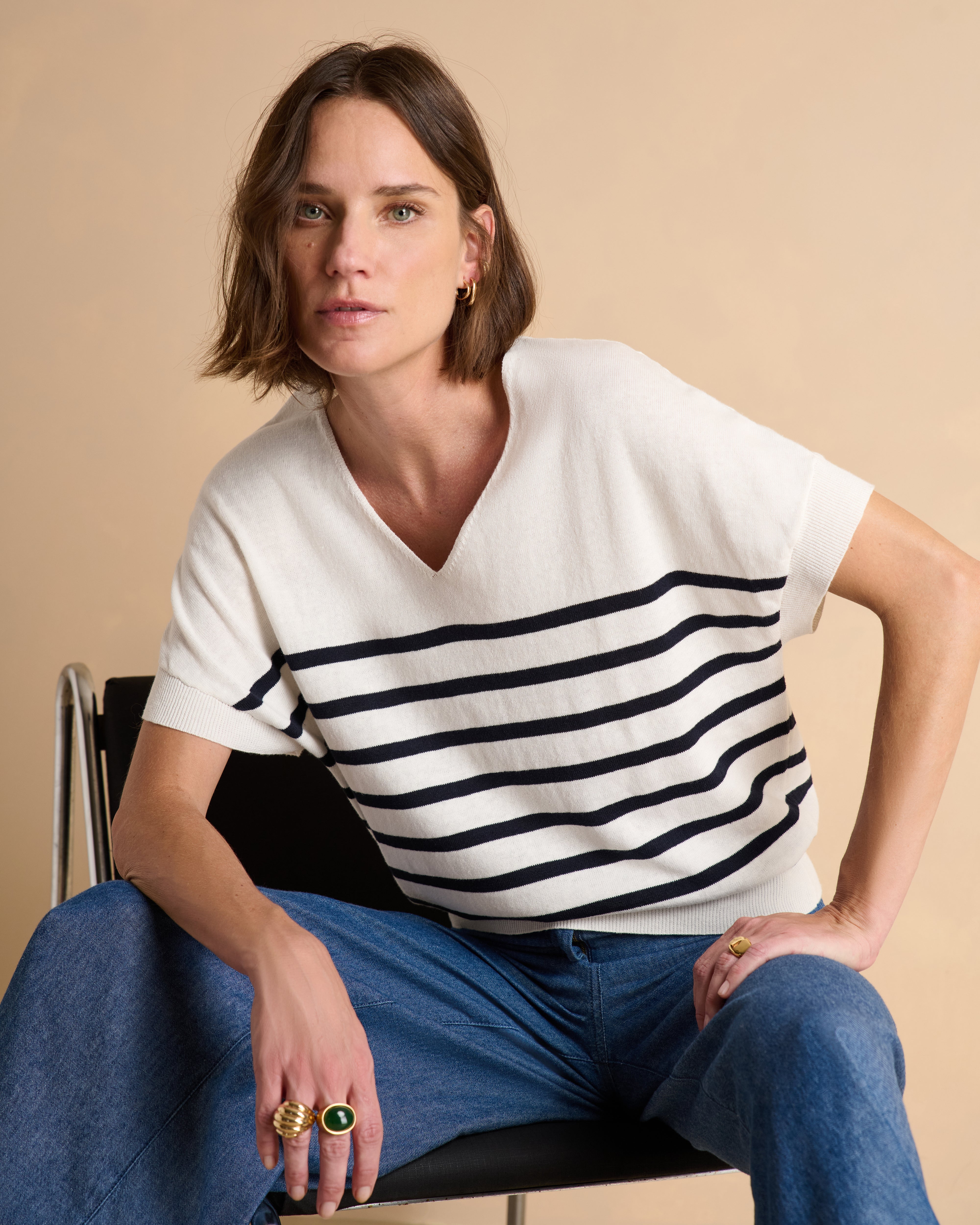 Pull kimono blanc à rayures bleu marine ALISMA-RAYE/13338/771