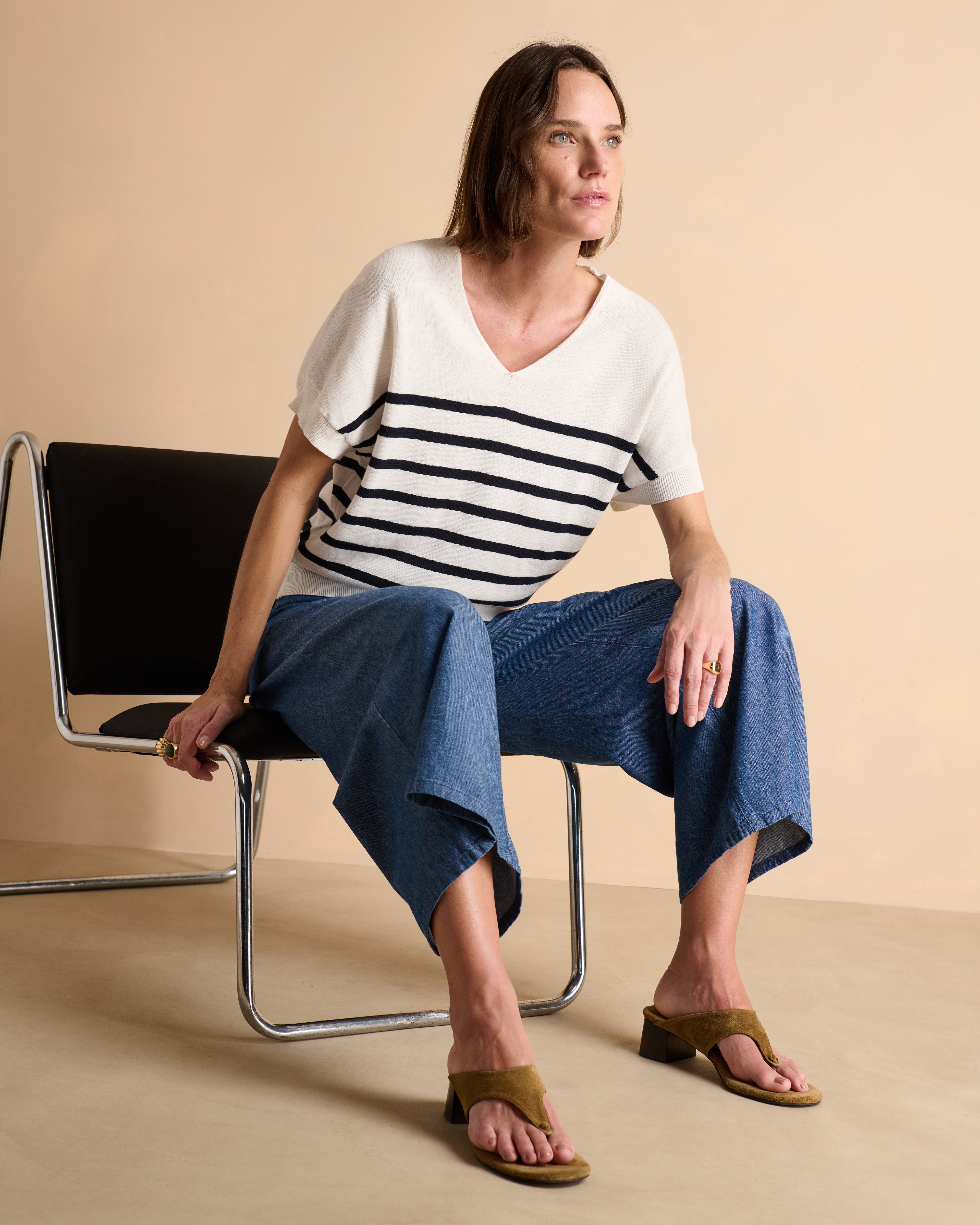 Pull kimono blanc à rayures bleu marine ALISMA-RAYE/13338/771