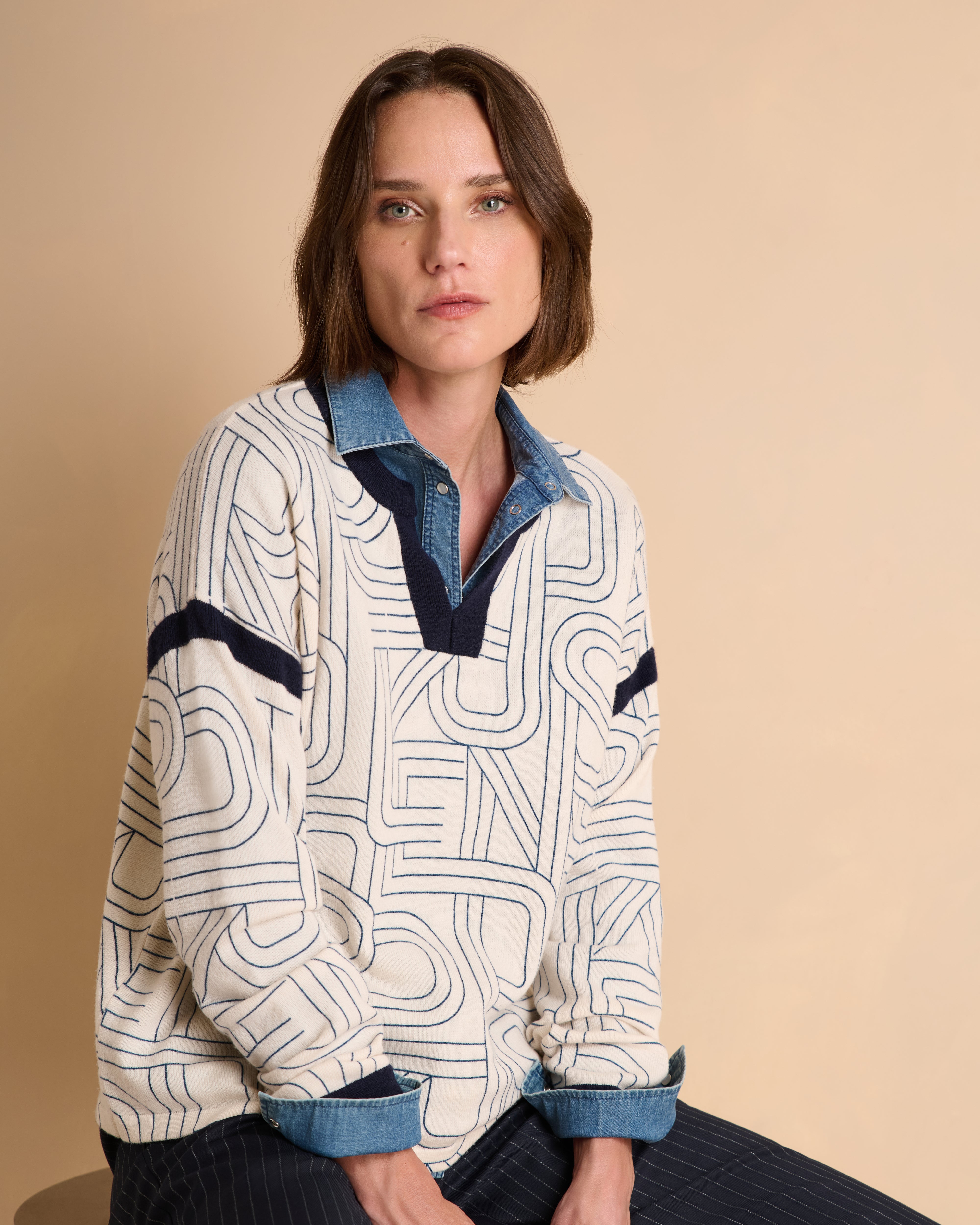 Navy blue printed round neck jumper ALPHABET/14157/886