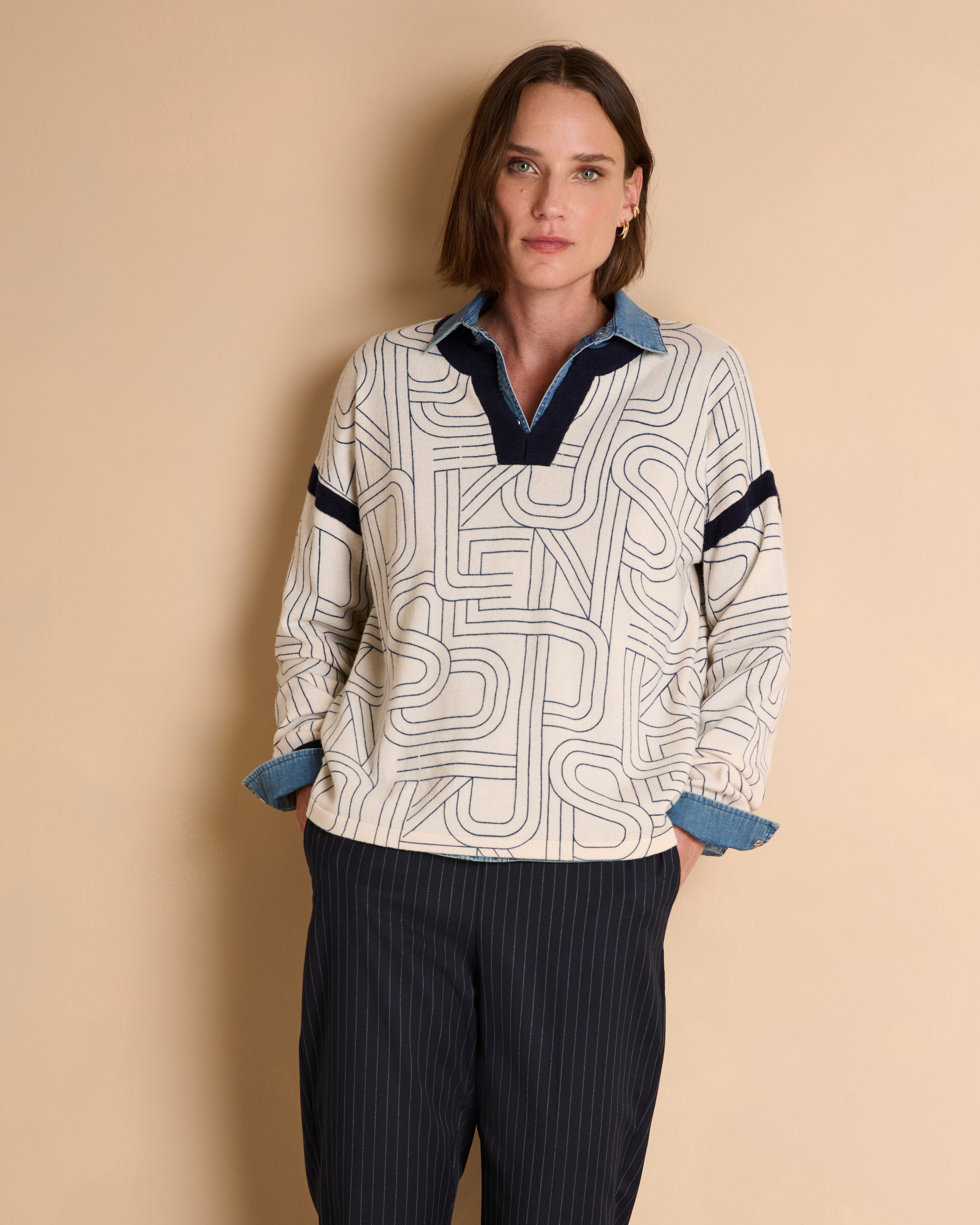 Navy blue printed round neck jumper ALPHABET/14157/886