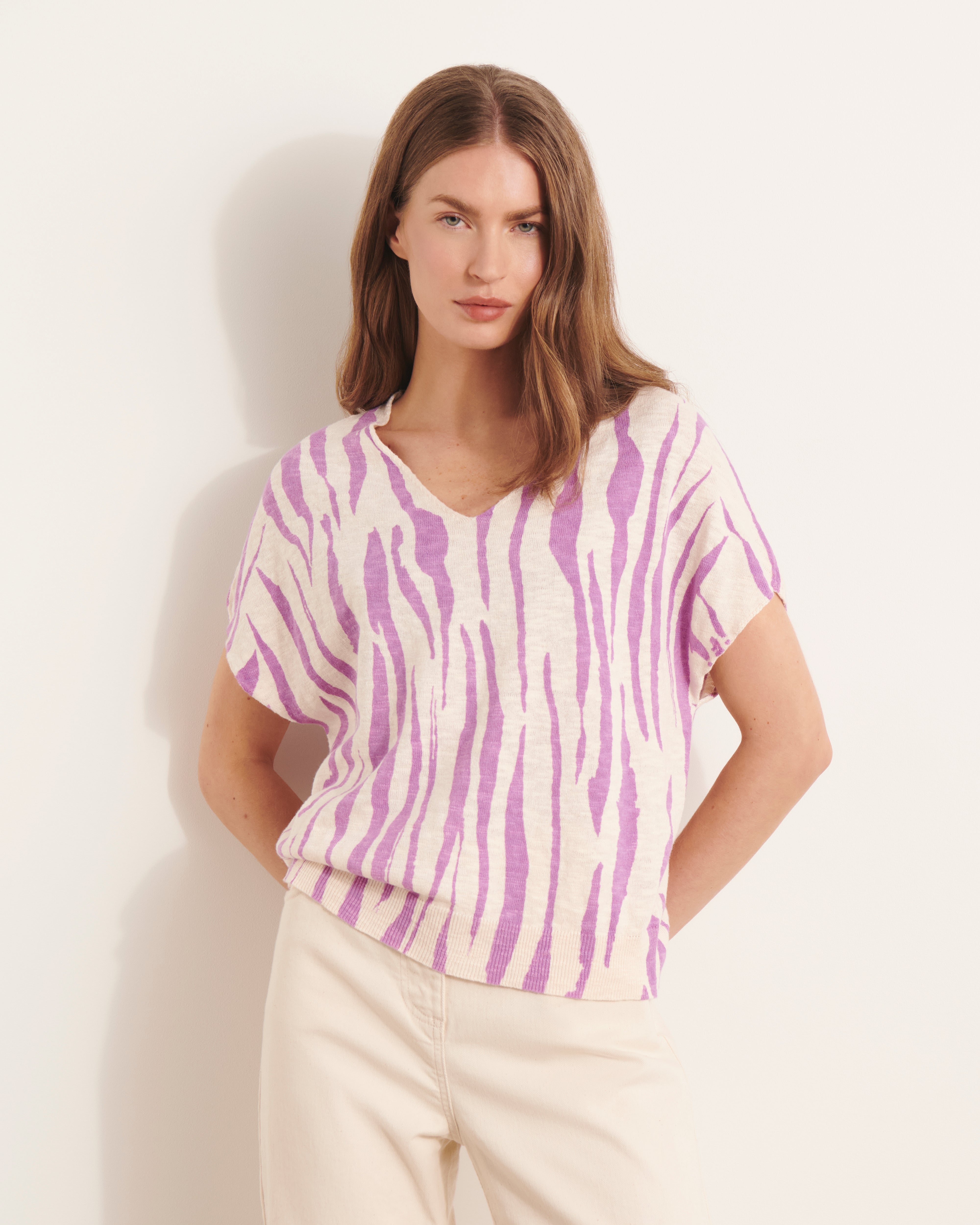 Pull kimono en maille imprimé violet ALZEBRE/13188/891