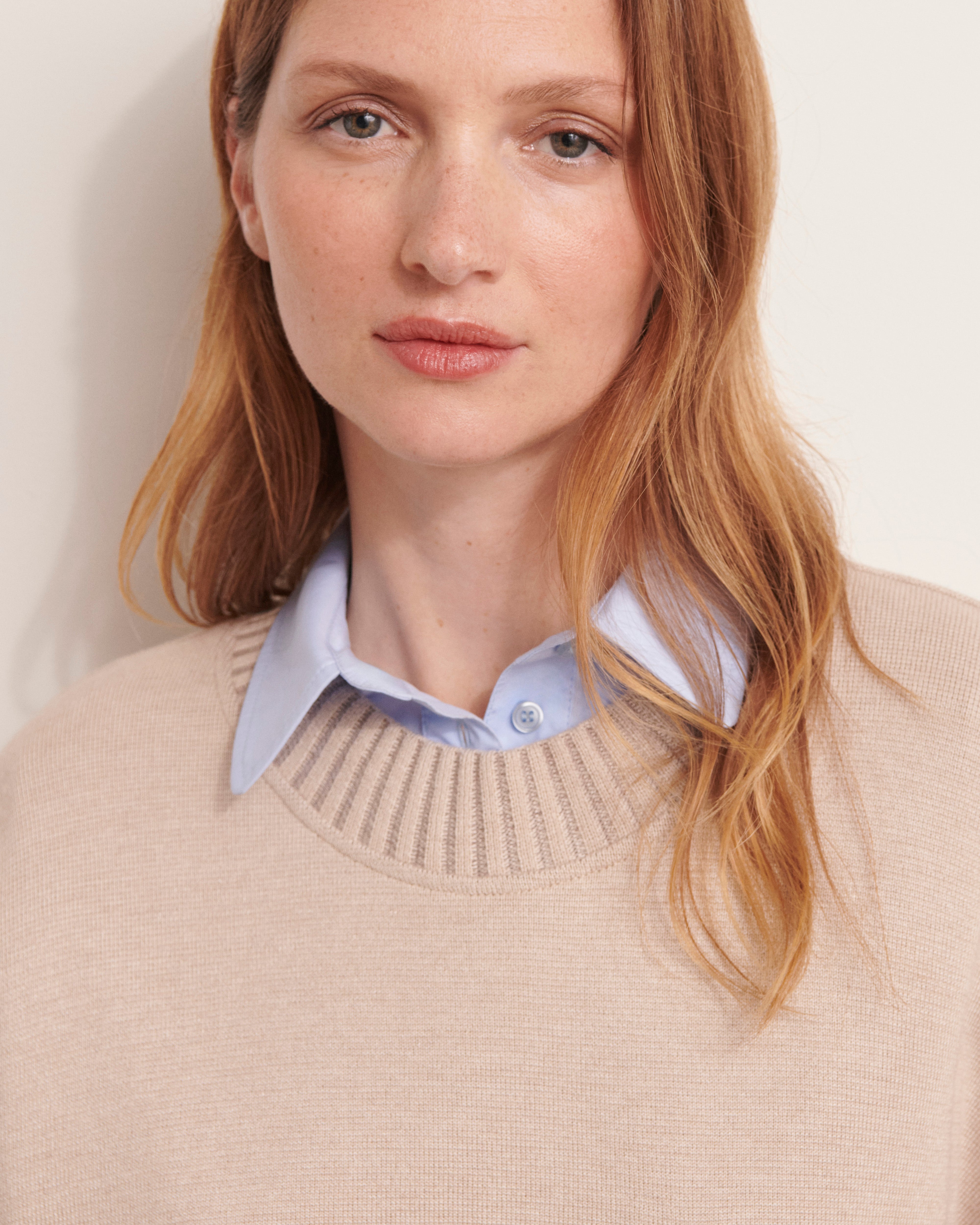 pull col rond en laine mérinos beige