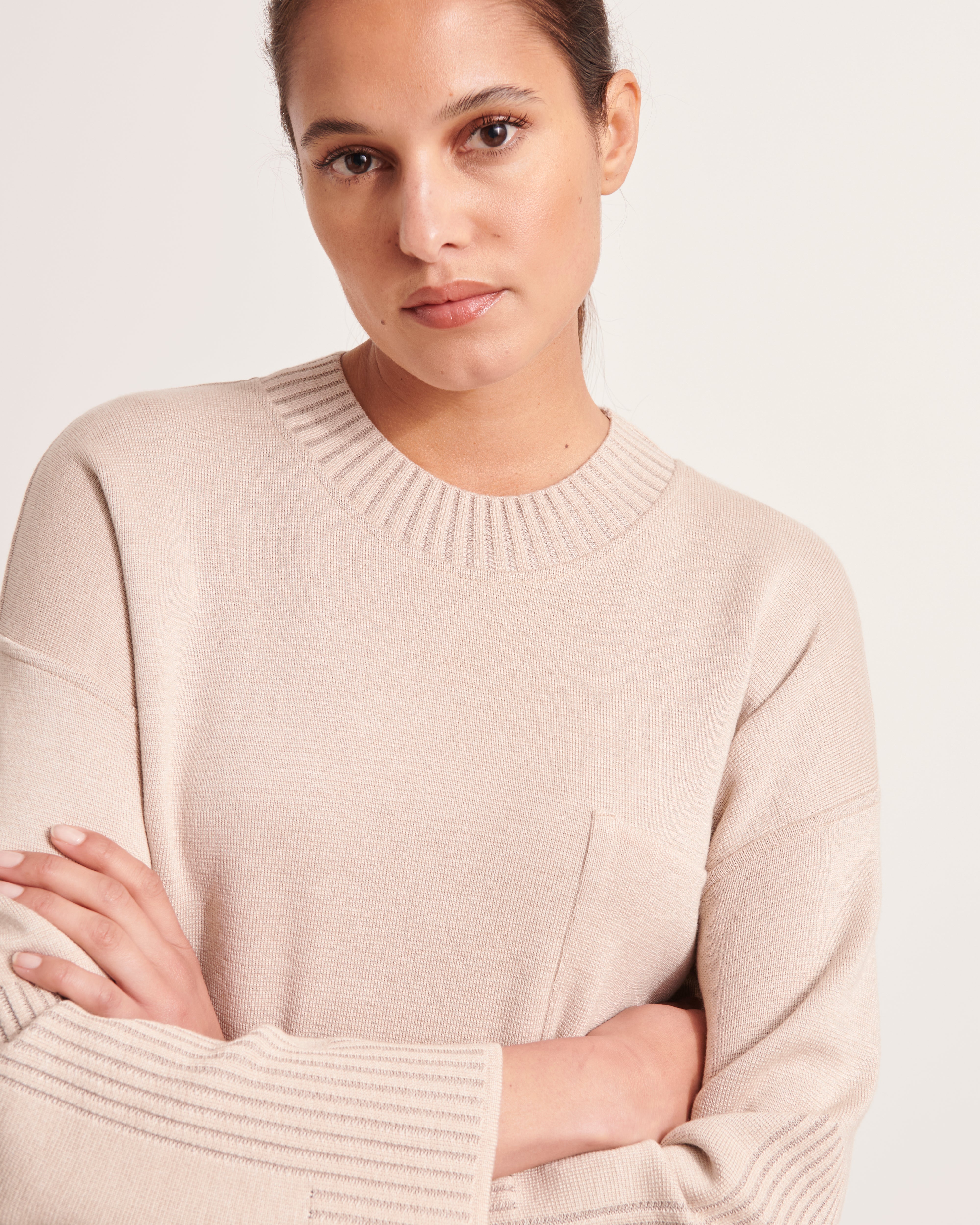 pull col rond en laine mérinos beige