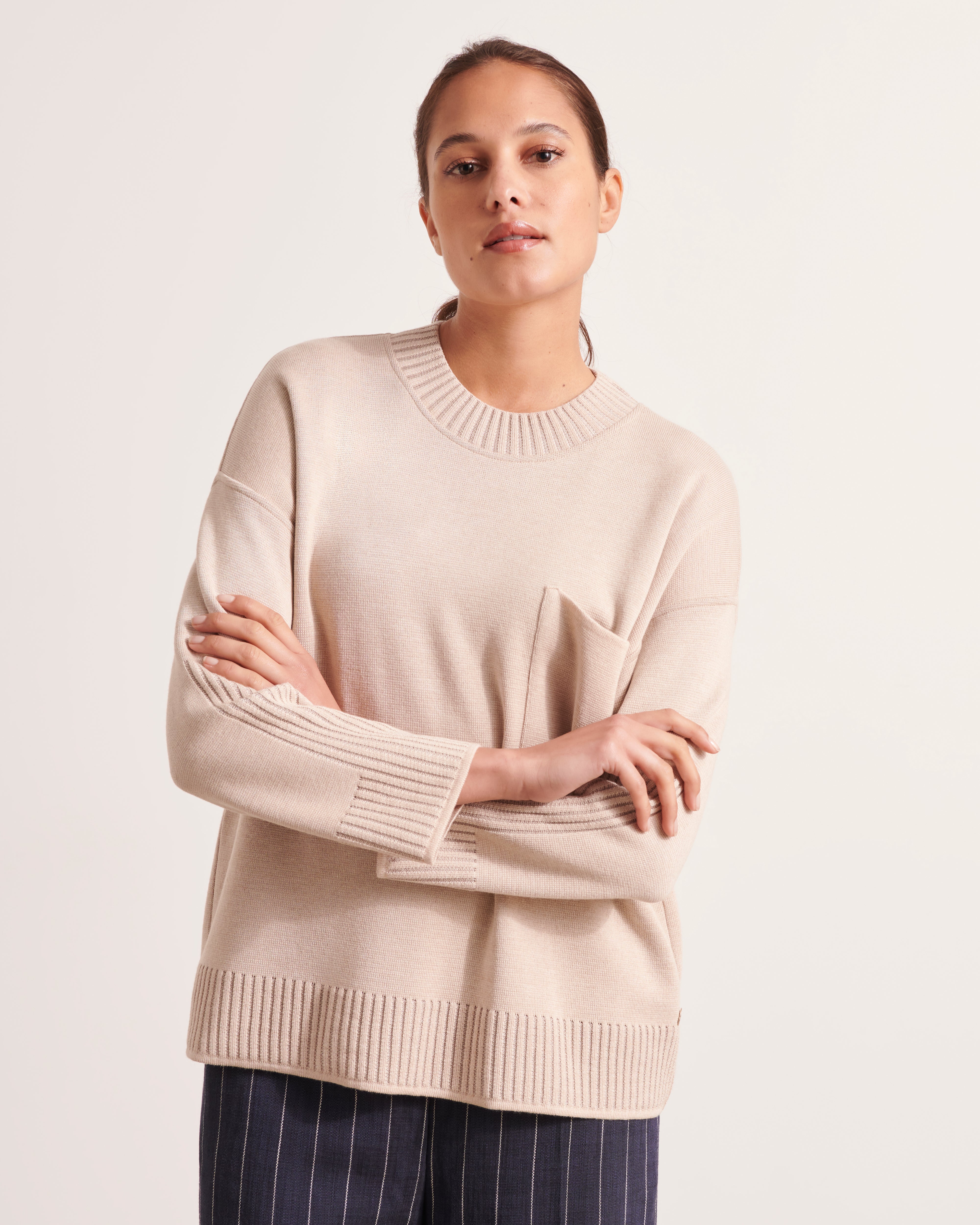pull col rond en laine mérinos beige