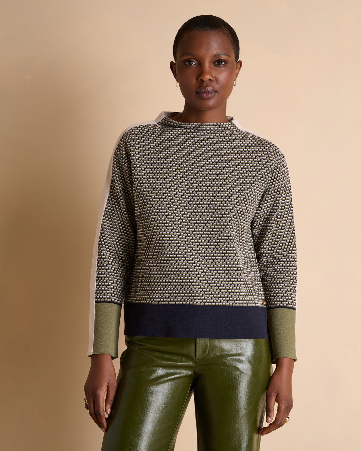Pull bleu marine en jacquard et col montant AMSONIA14/14138/886
