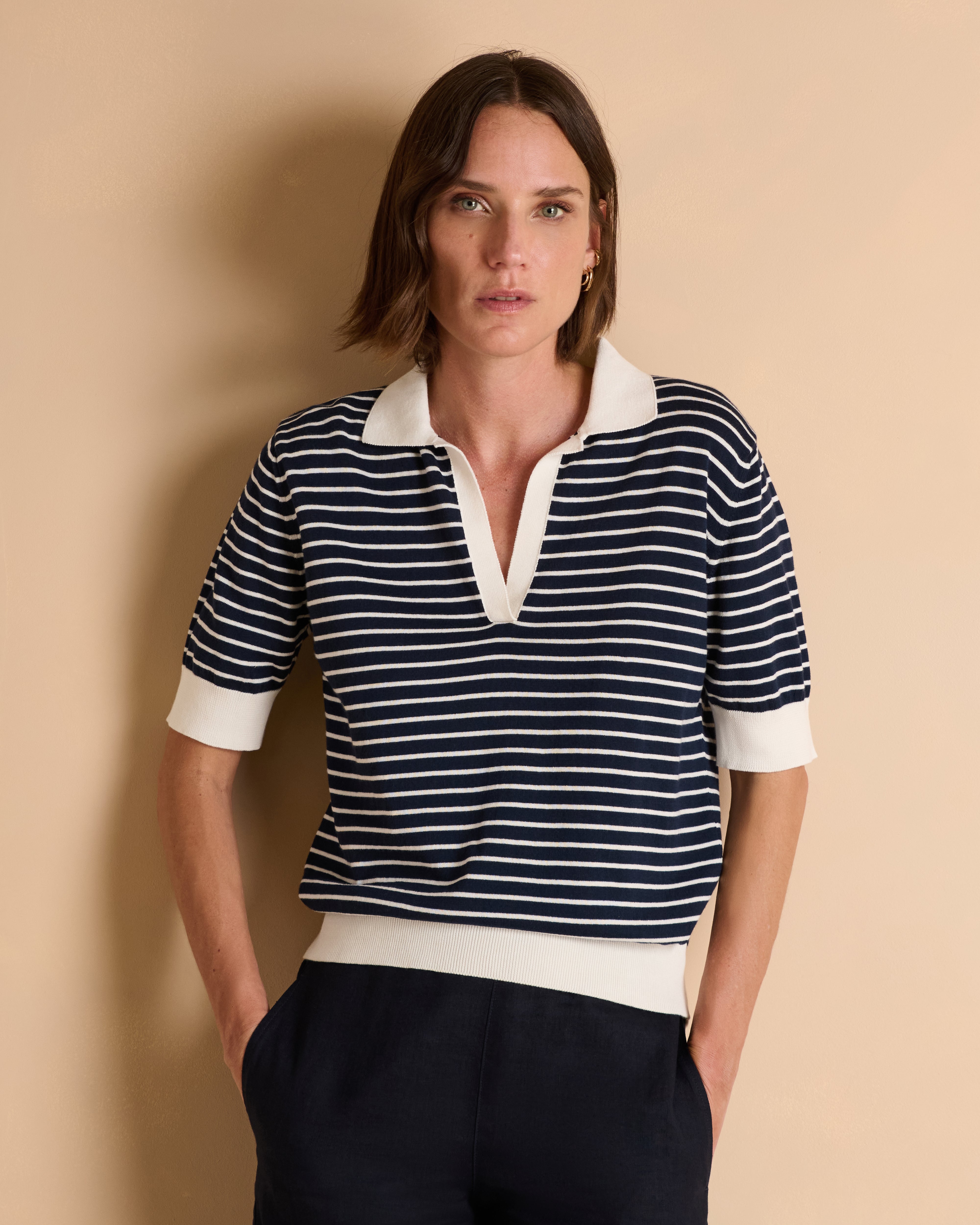 Polo en maille rayée blanc et bleu marine manches courtes ANCRE/13331/886