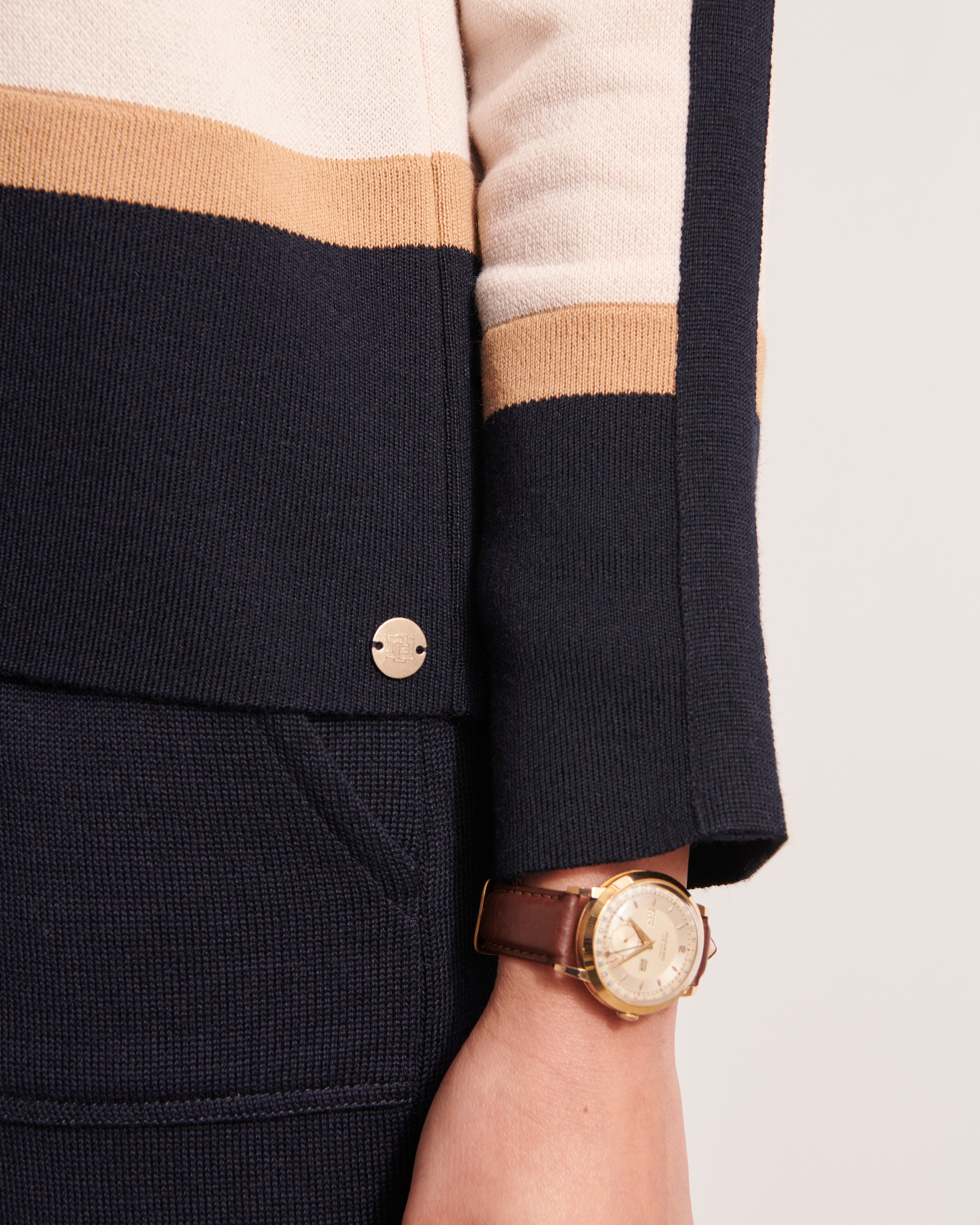Pull col rond en maille milano et laine mérinos beige marine et sable