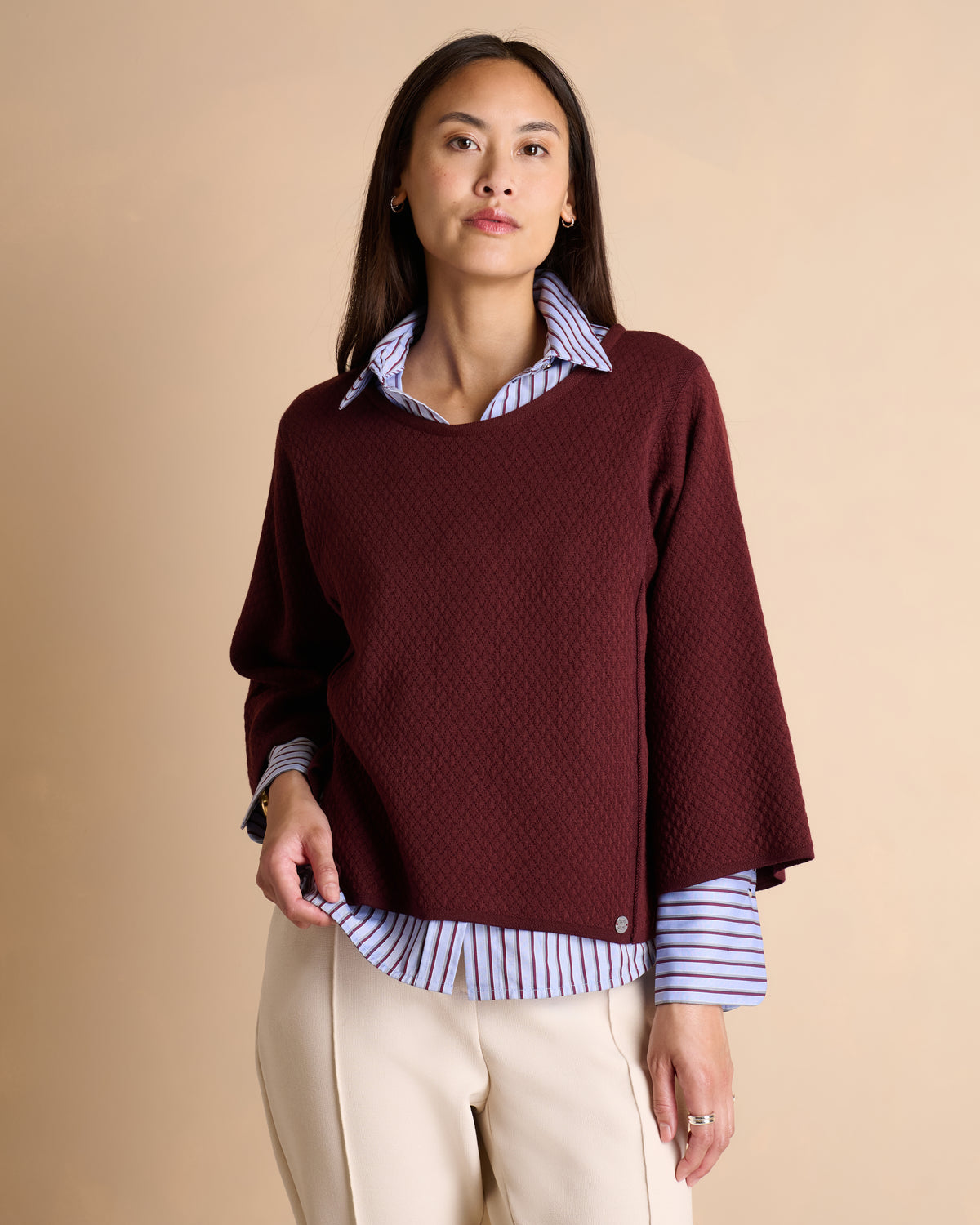 Pull bordeaux en laine mérinos manches larges et col rond APOLLON1927-14/14095/816