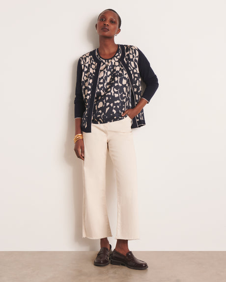 DERNIÈRE CHANCE Pull imprimé bimatière bleu marine manches kimono