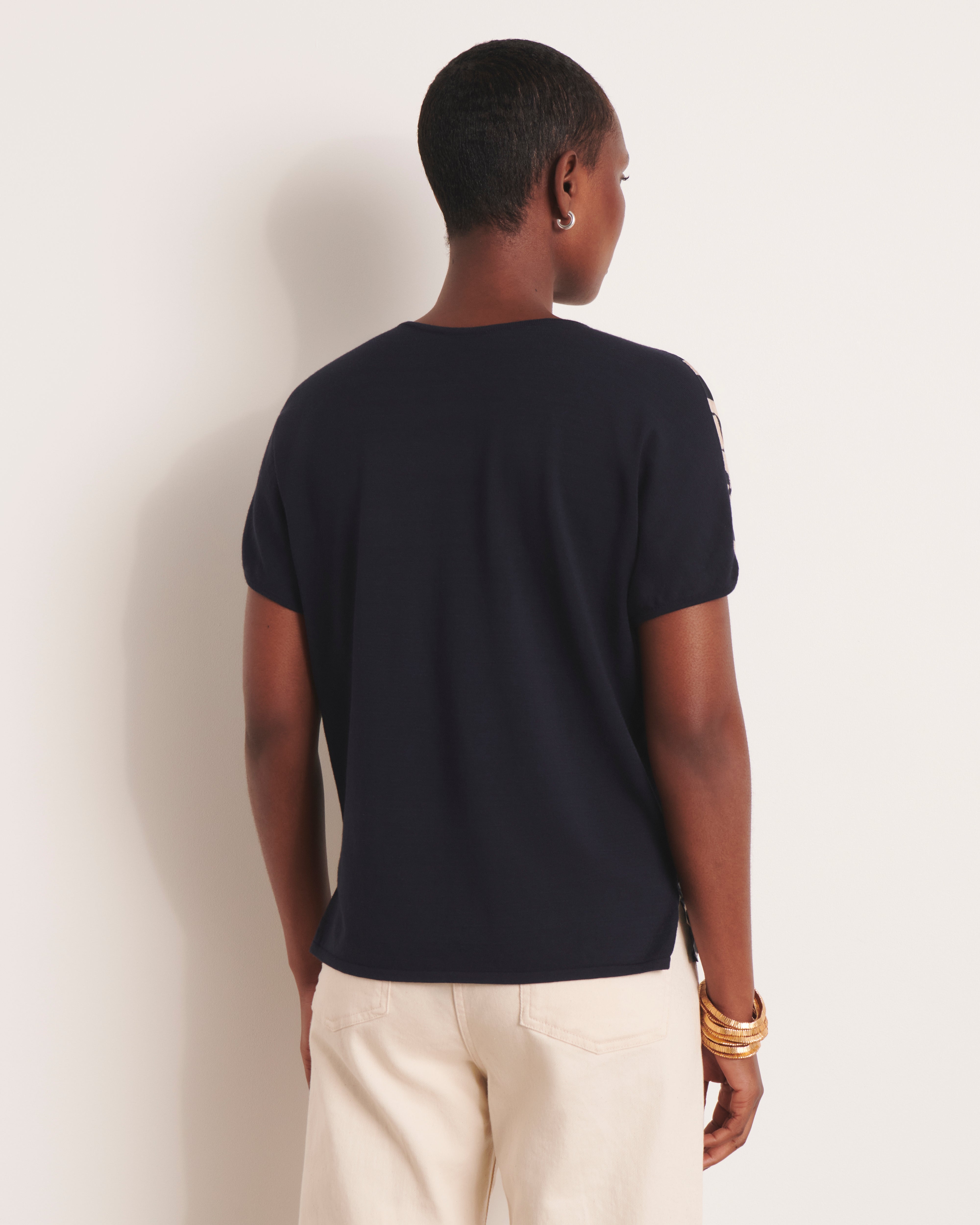 Pull imprimé bi matière manches kimono en twill de soie