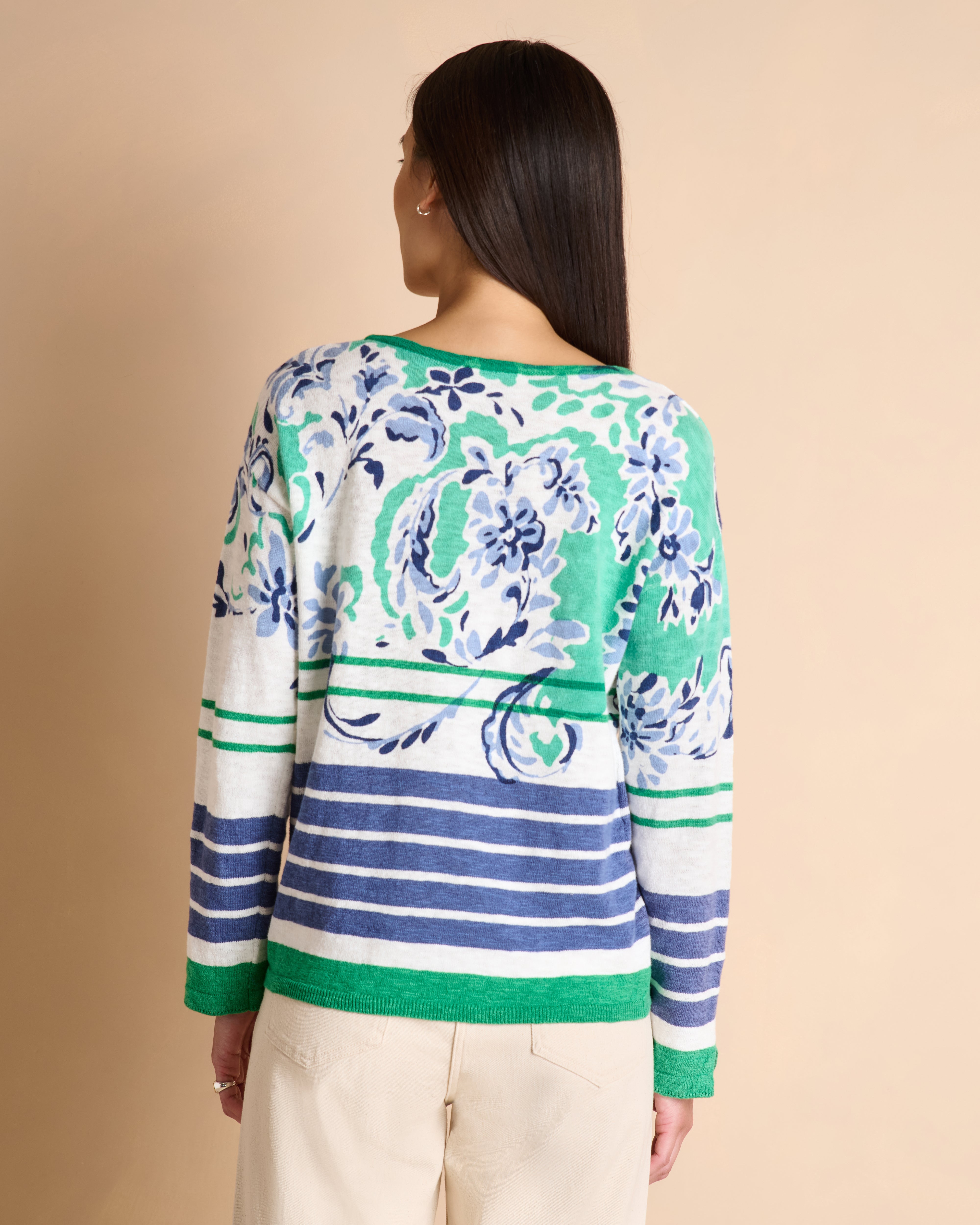 Pull bleu et vert rayé à motif fleuri en coton et lin