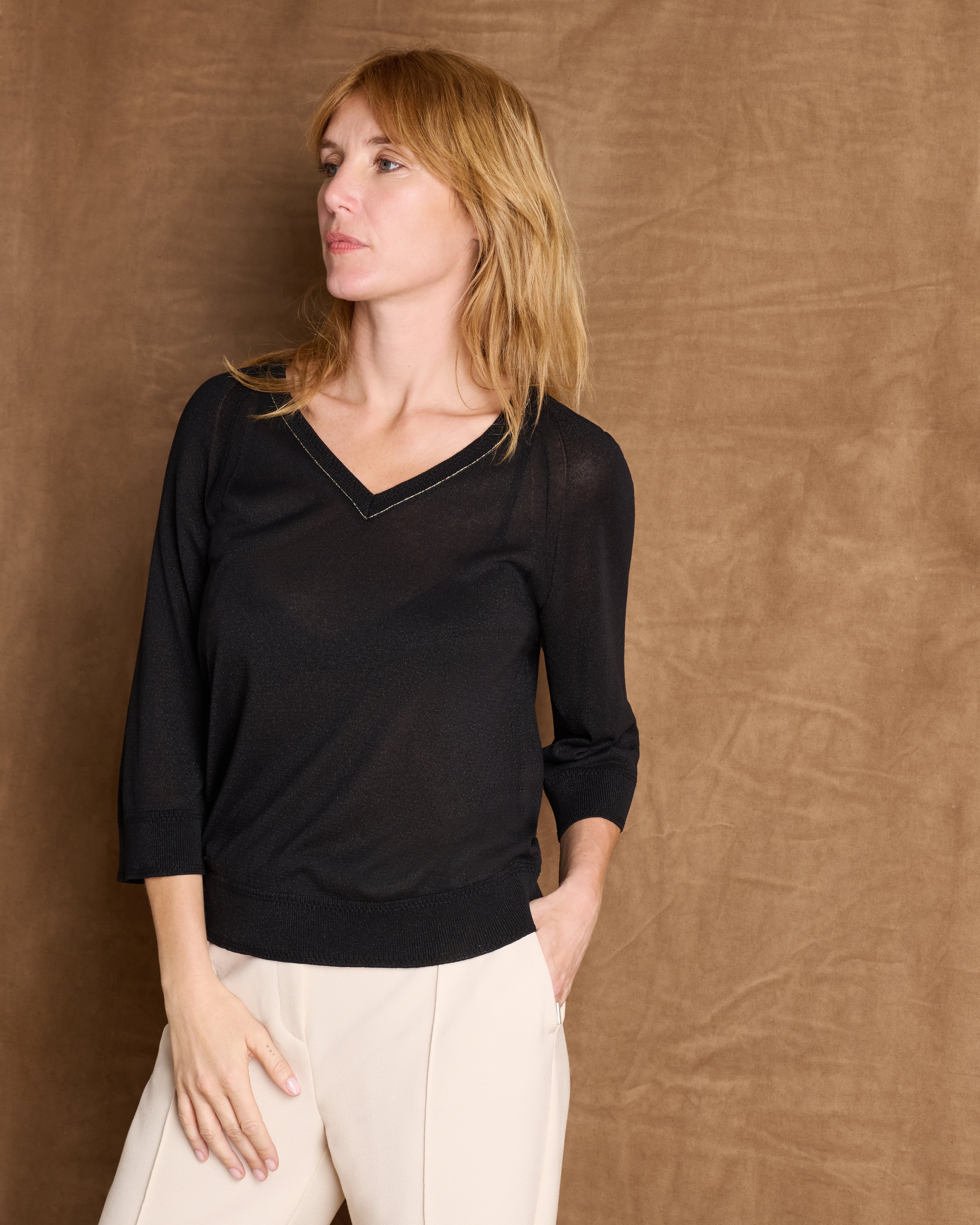 Pull noir manches longues encolure V ATLAS/14076/500
