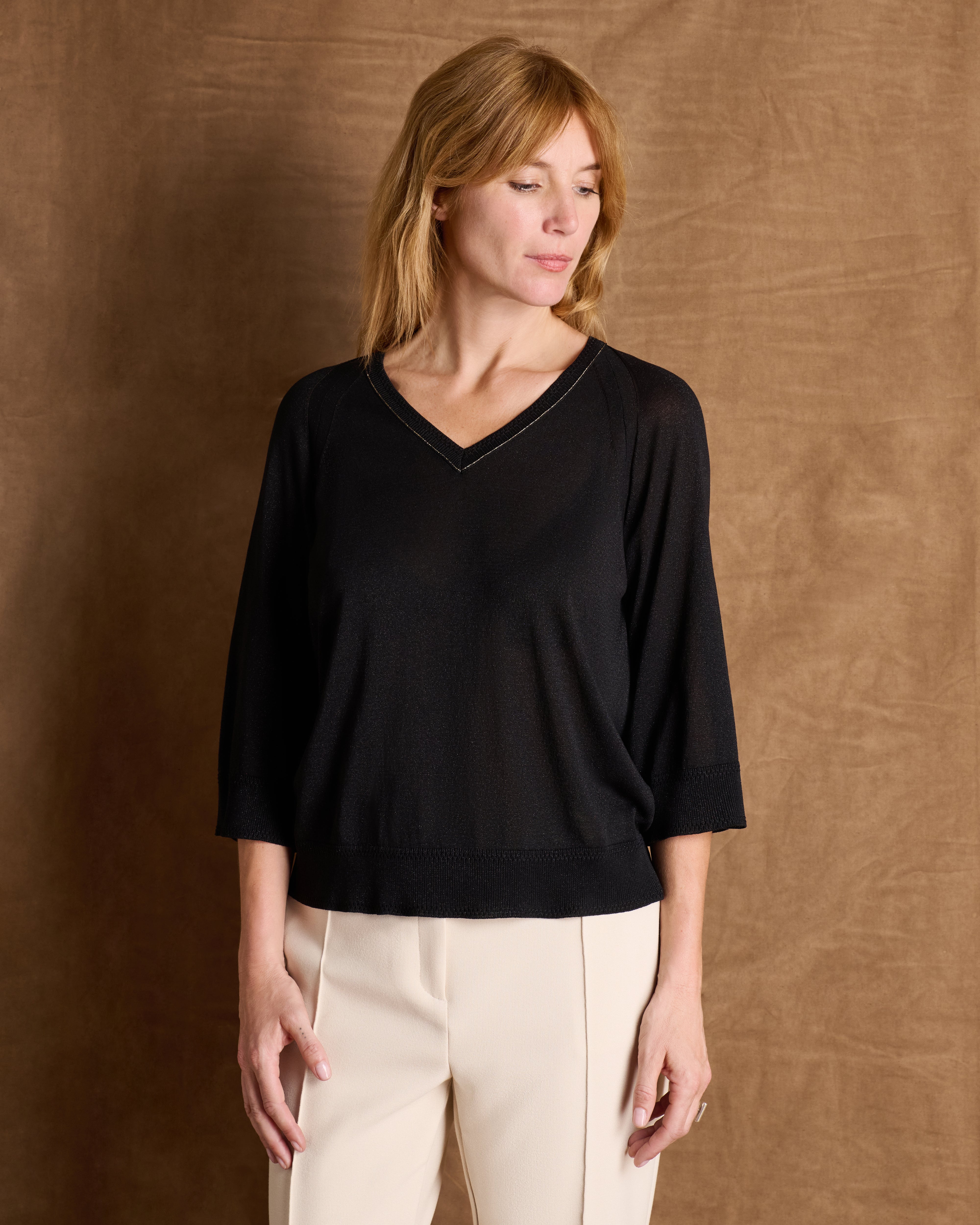Pull noir manches longues encolure V ATLAS/14076/500