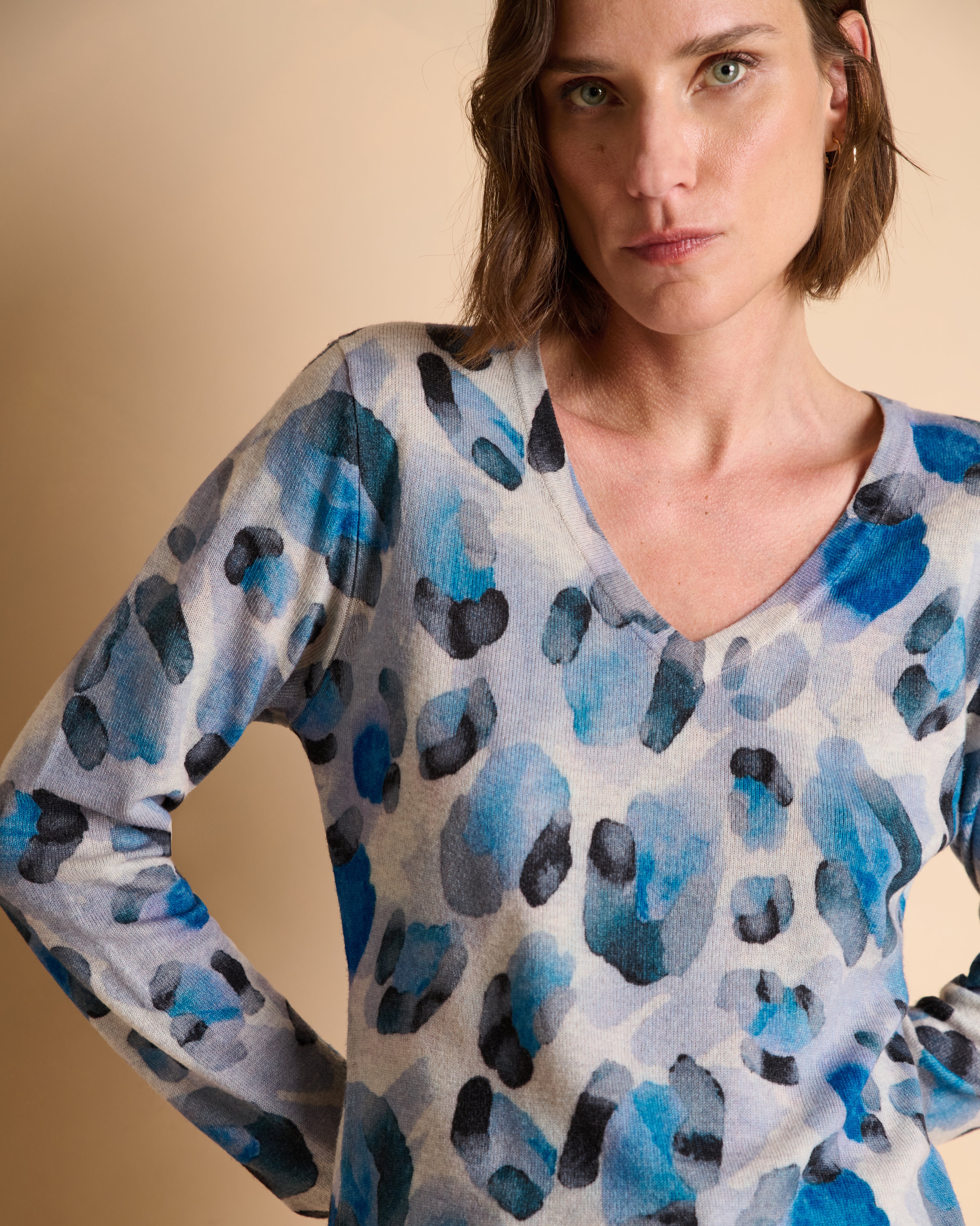 Pull bleu imprimé manches longues encolure V en laine et cachemire