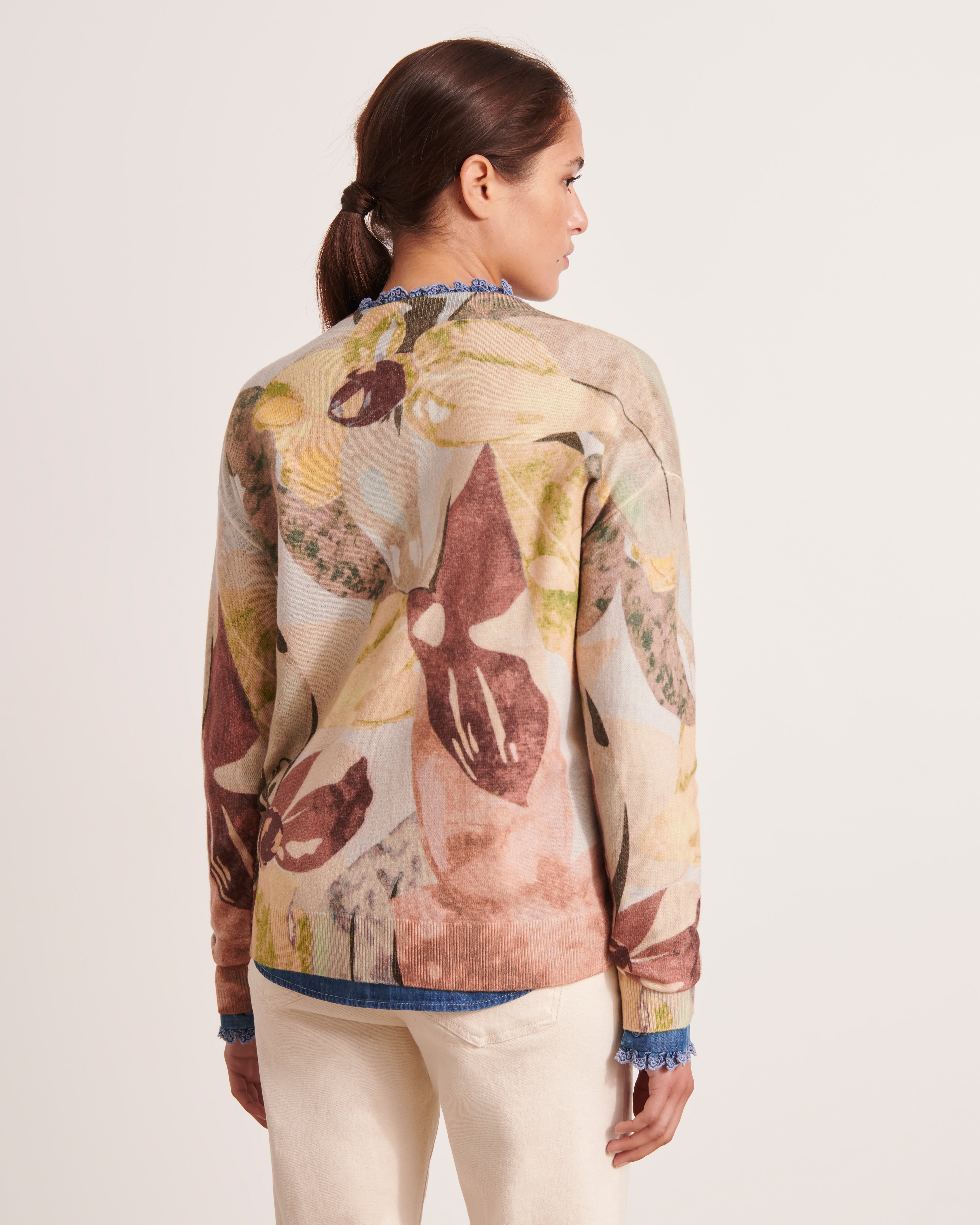 pull imprimé col rond en laine et cachemire