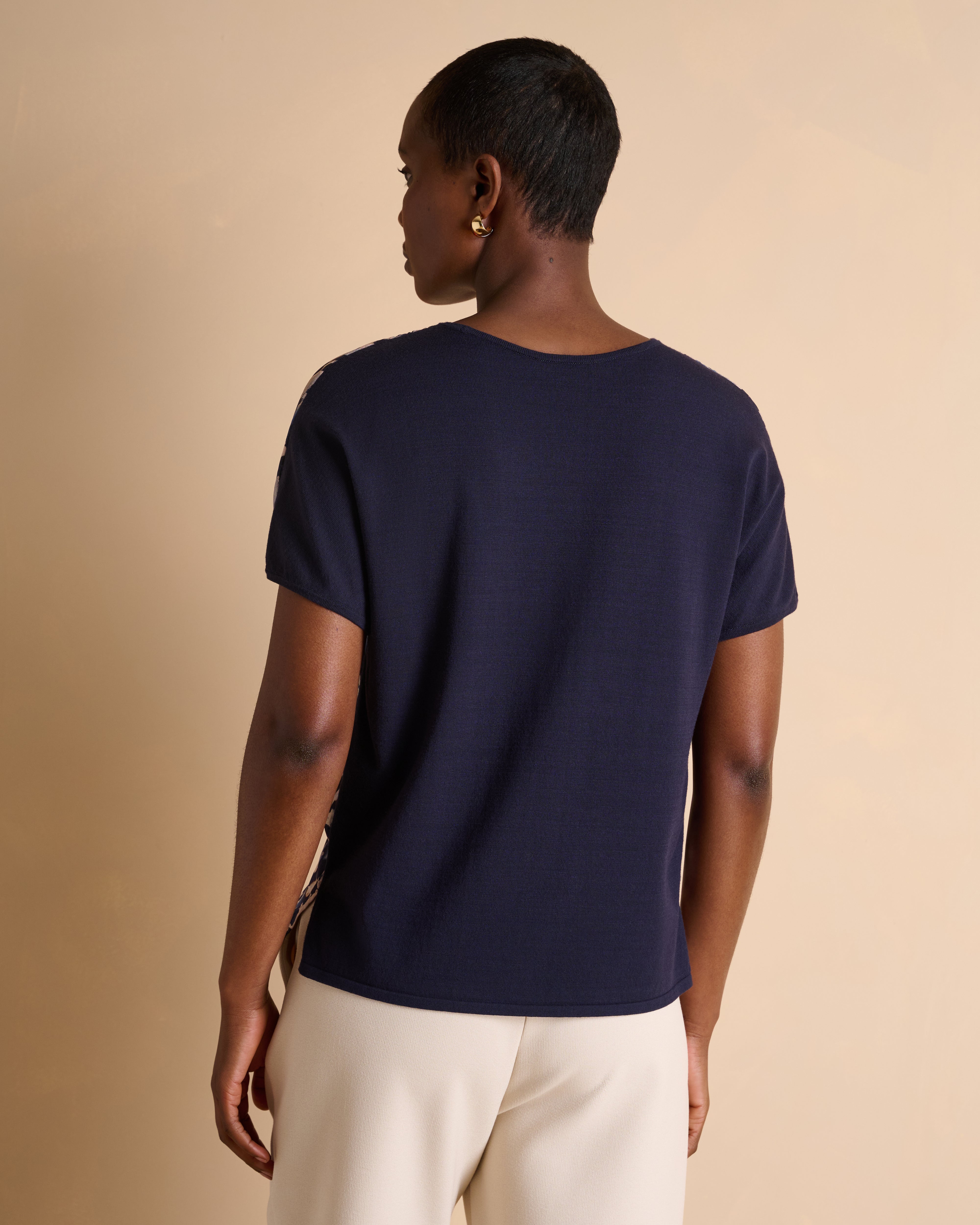Pull bleu imprimé manches kimono courte encolure ronde devant en twill de soie