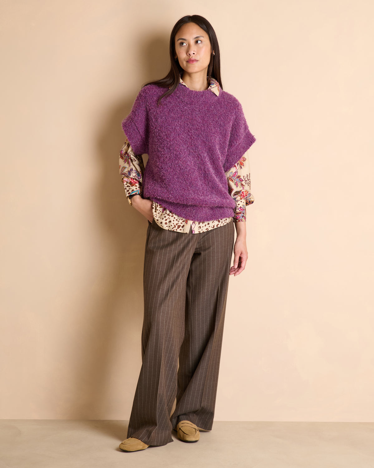 Pull violet oversize manches courtes à col montant made in France
