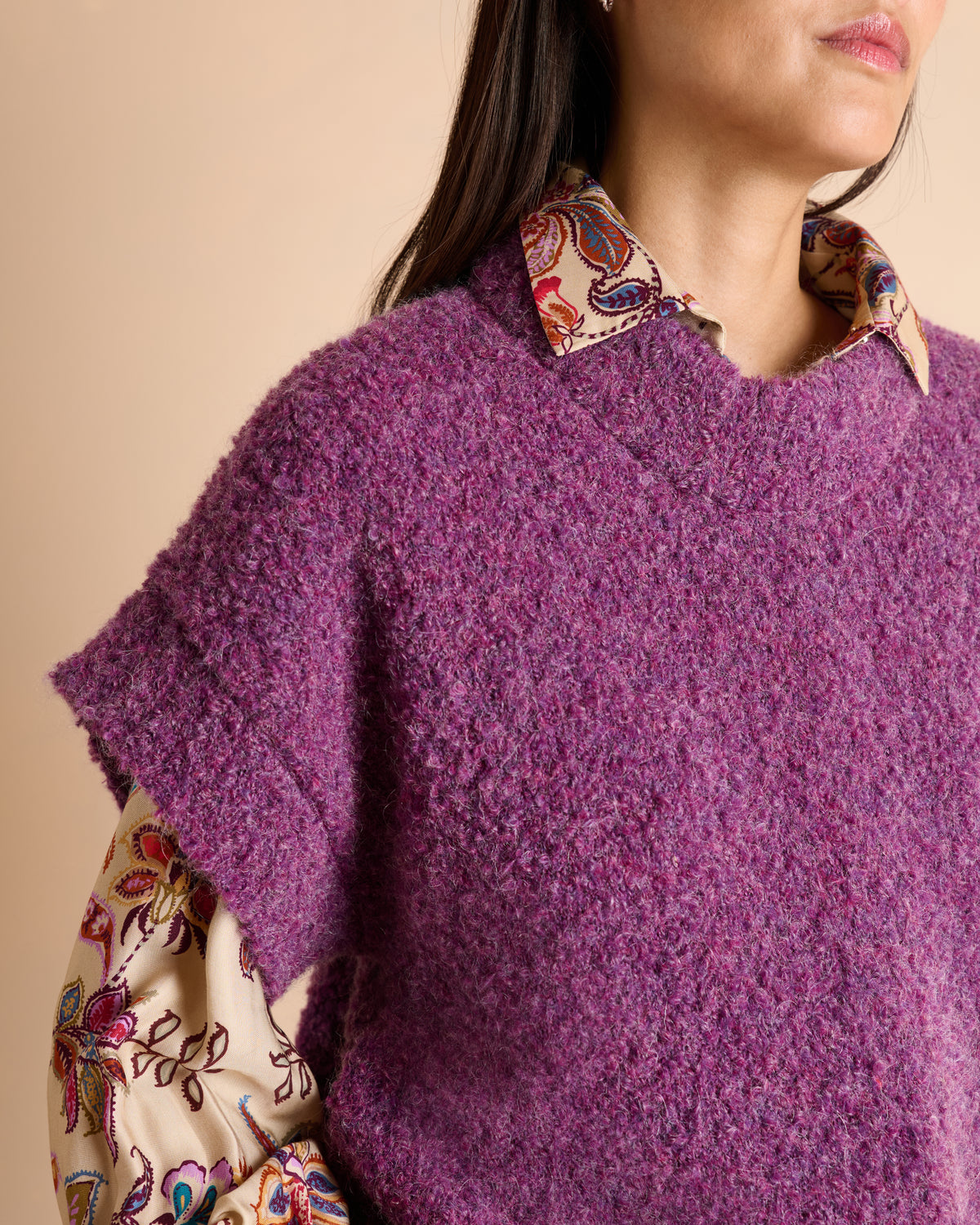 Pull violet oversize manches courtes à col montant made in France