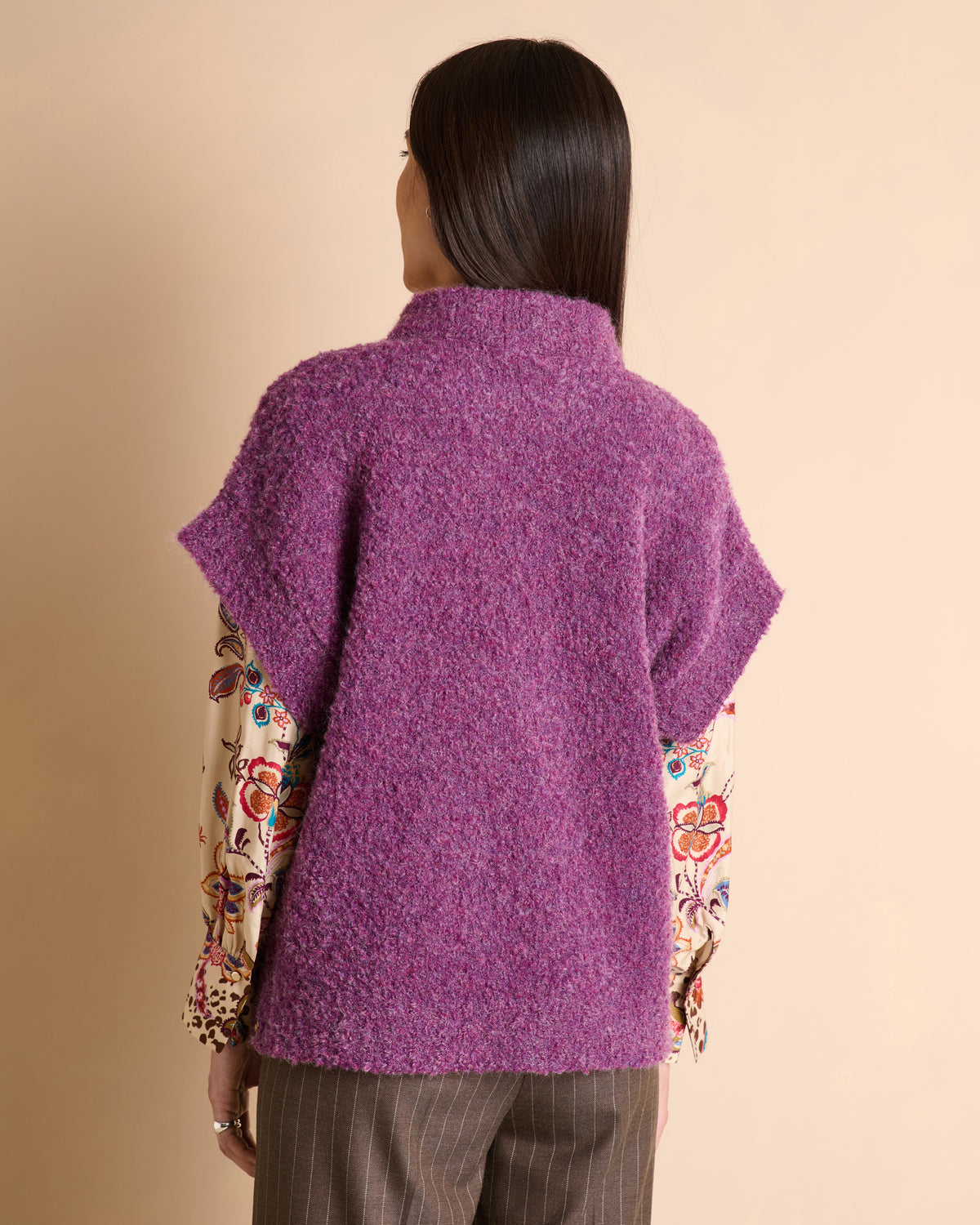 Pull violet oversize manches courtes à col montant made in France