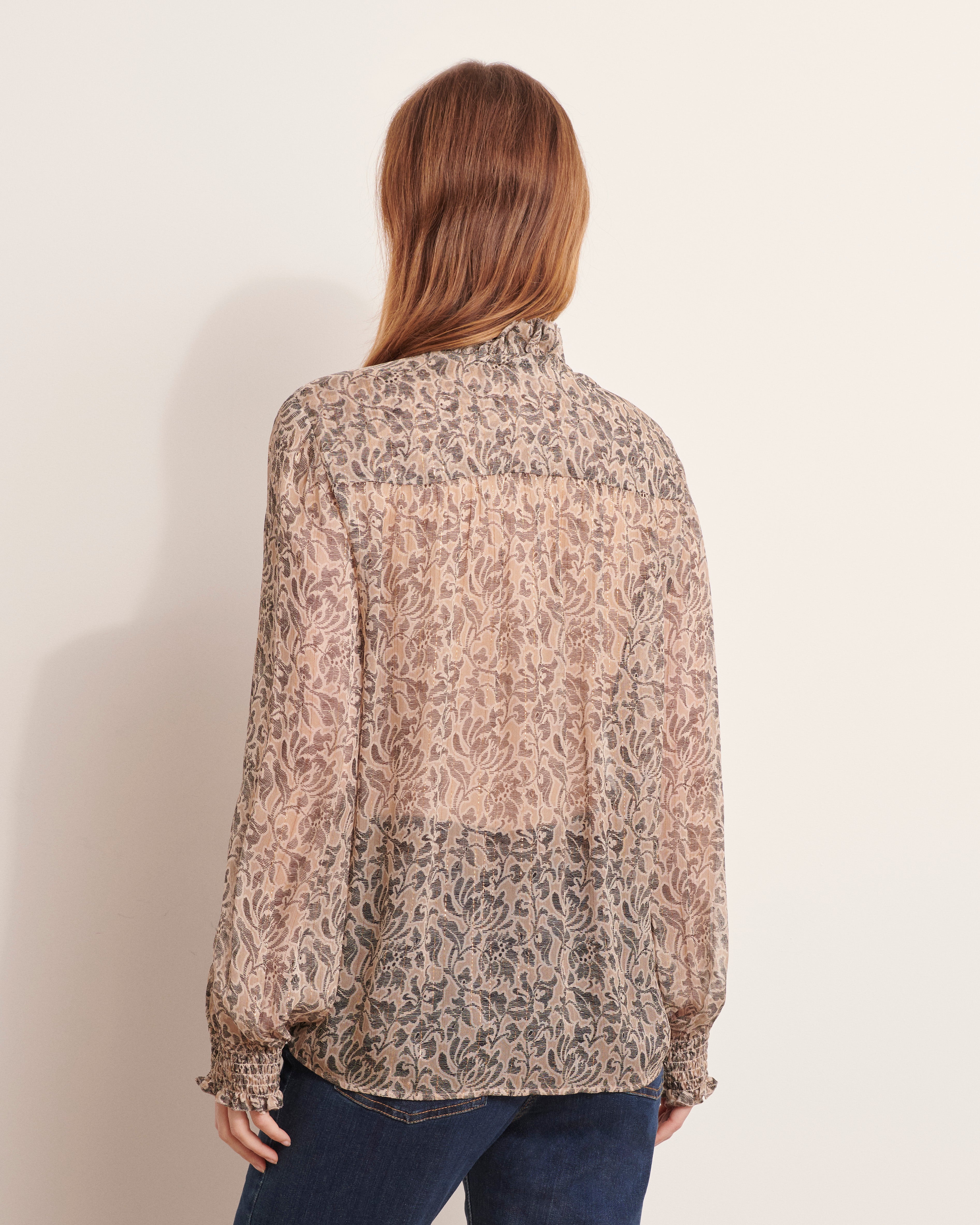 chemisier imprimé en voile de viscose légèrement transparent avec motif fleuri noir irisé