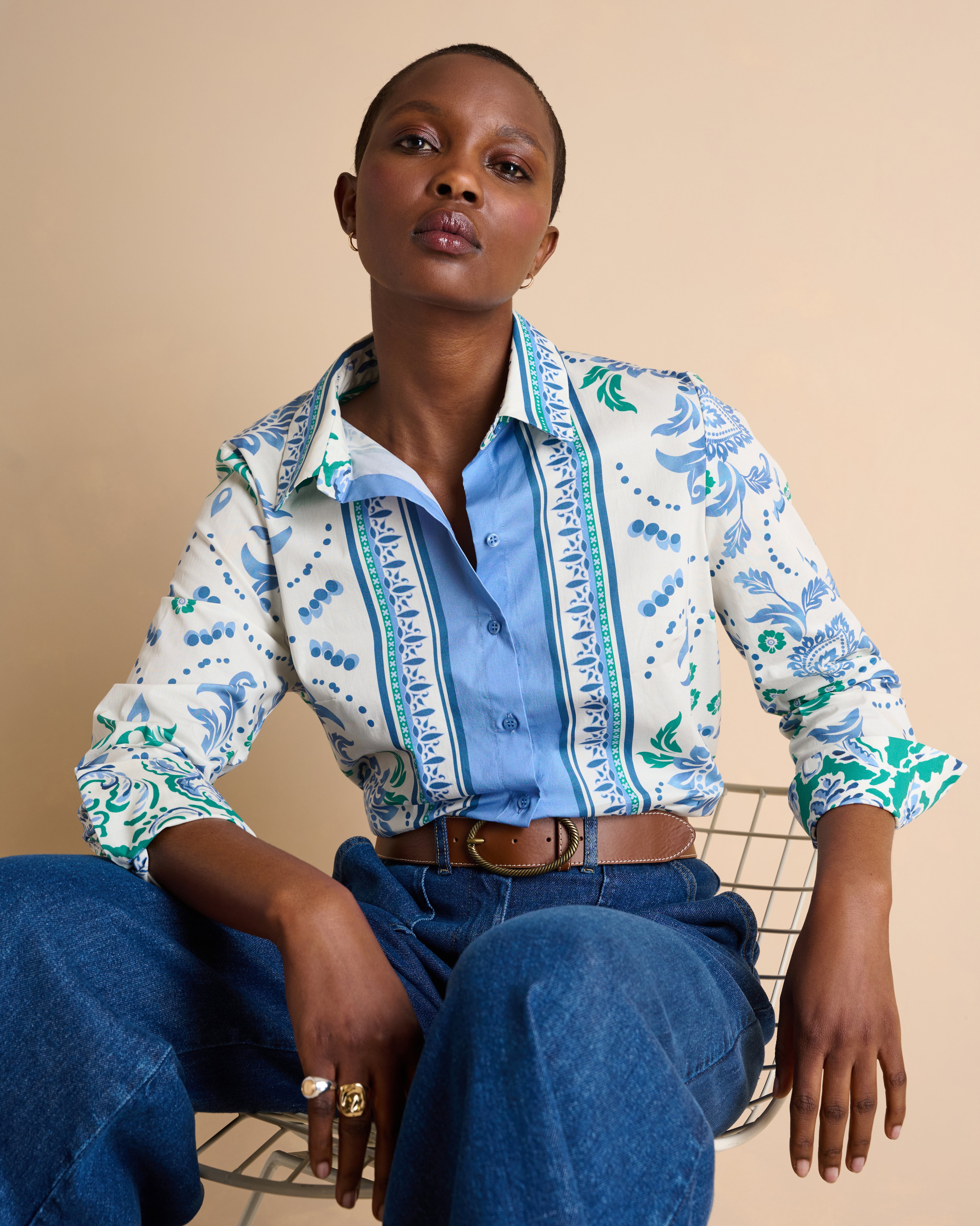 Chemise imprimée bleue manches longues en popeline de coton